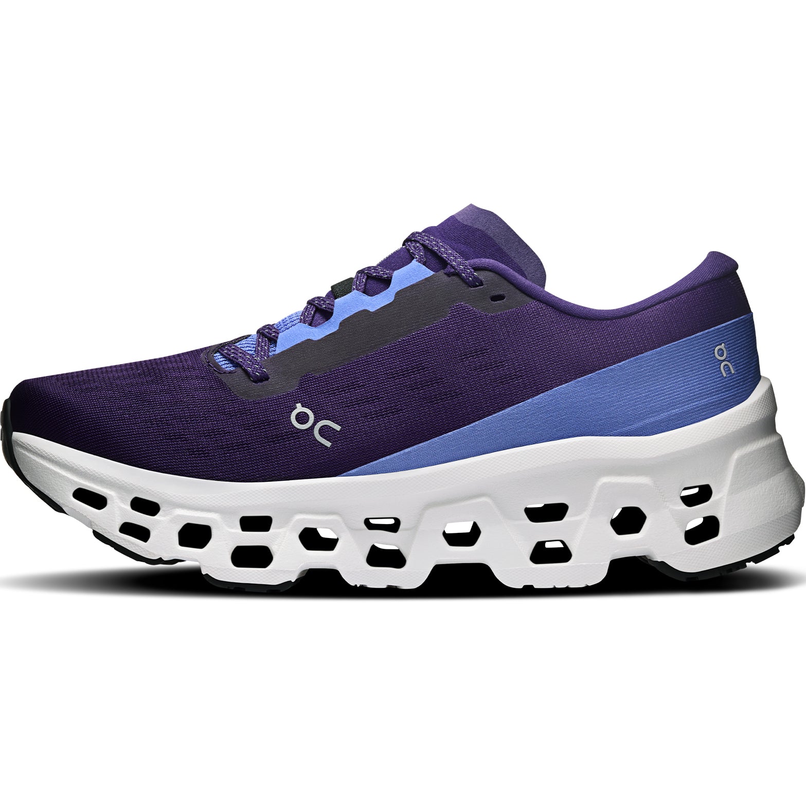 Women's On Cloudmonster 3 Running Shoes Nebula Ivory inner side view showing triple-layer CloudTec with Helion foam and Speedboard