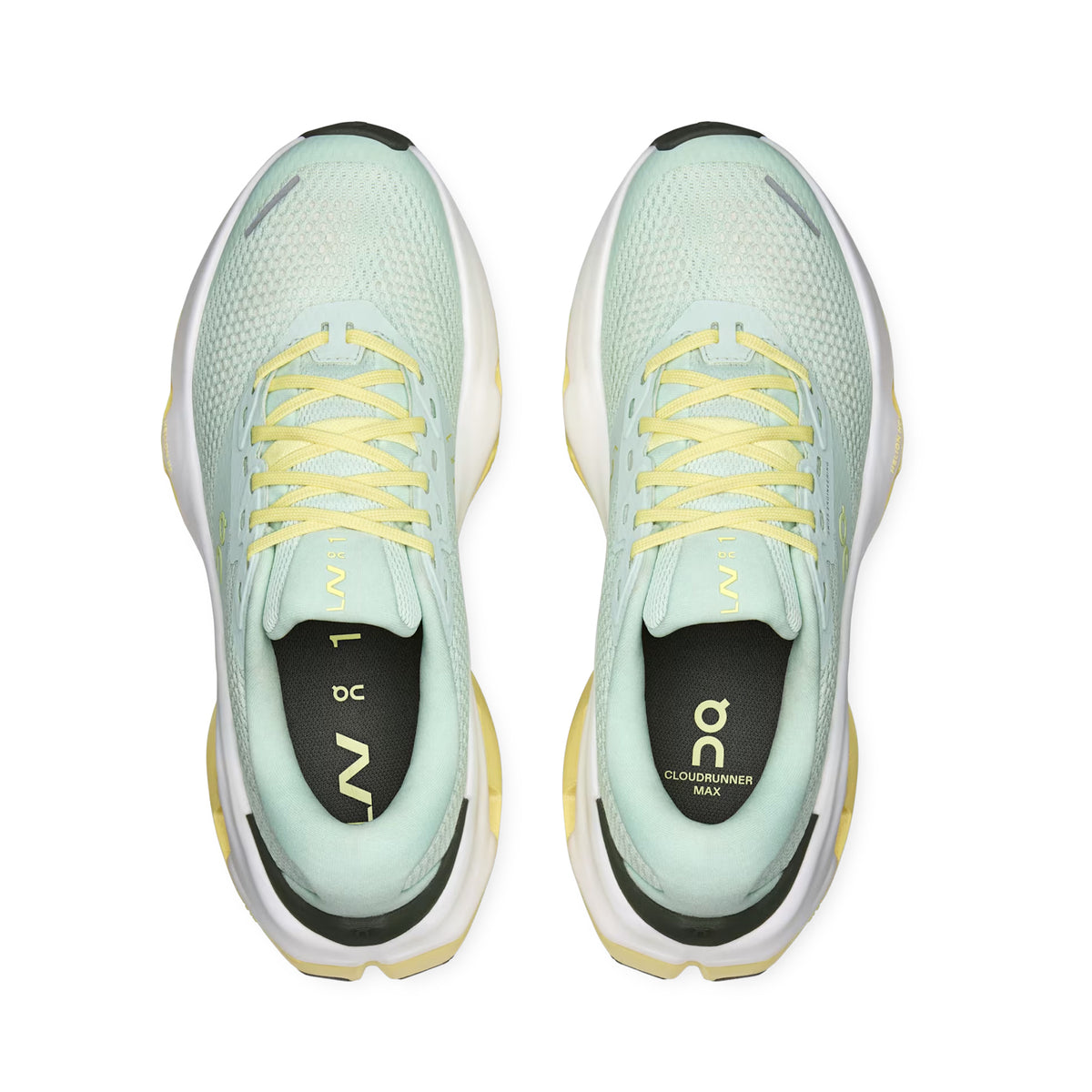 A pair of Women’s Cloudrunner 3 Max LN1 Running Shoes in Fresco / Gild by On, featuring mint green uppers with yellow laces, white and yellow soles, and ON and Cloudrunner Max branding on the insoles. Designed with Stability-Engineered CloudTec for maximum cushioning, the shoes are shown from above against a white background.