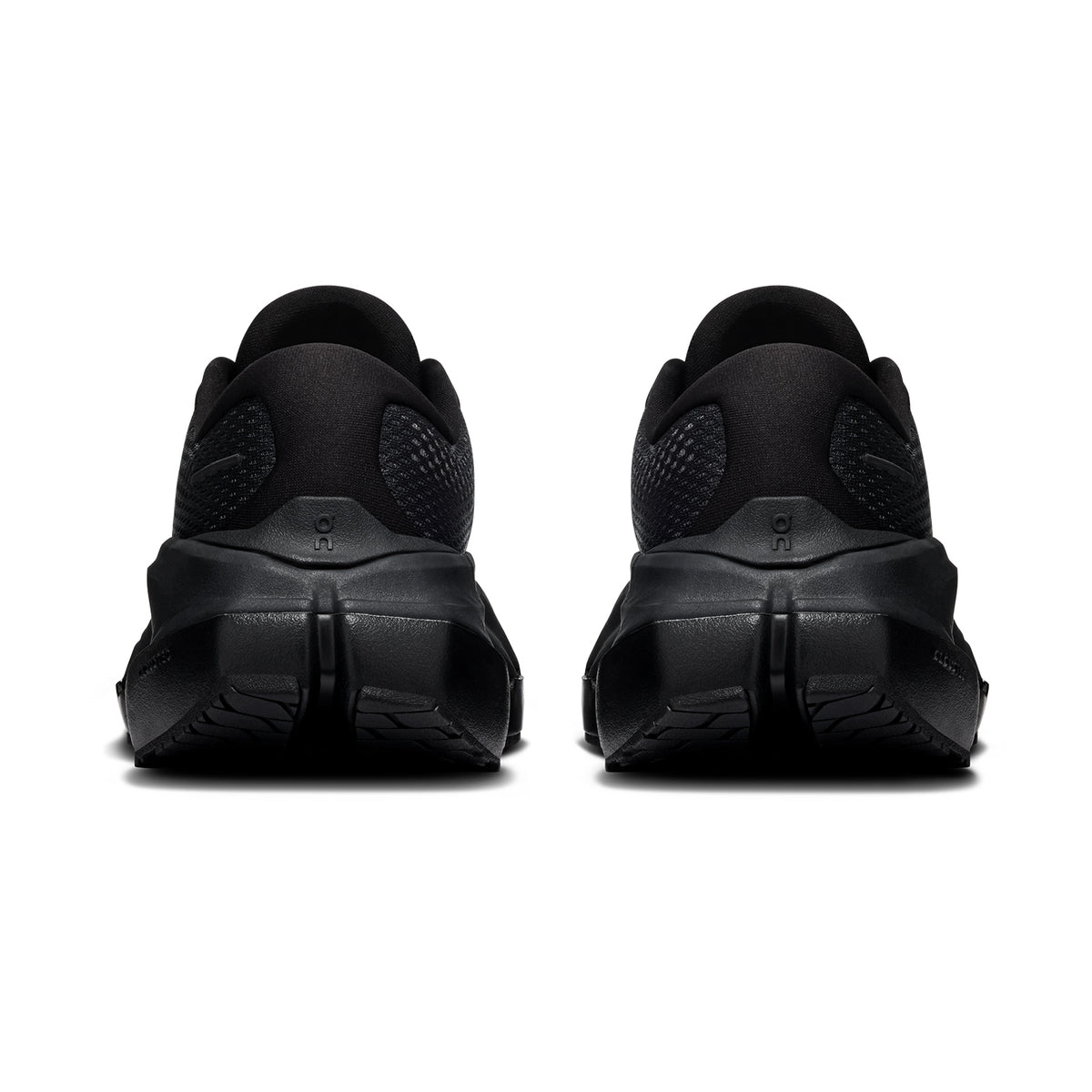 Women's On Cloudrunner 3 Max Running Shoes Black Black heel view showing dual-foam midsole with heel clip and plush tongue for secure lockdown and cushioned supported daily running