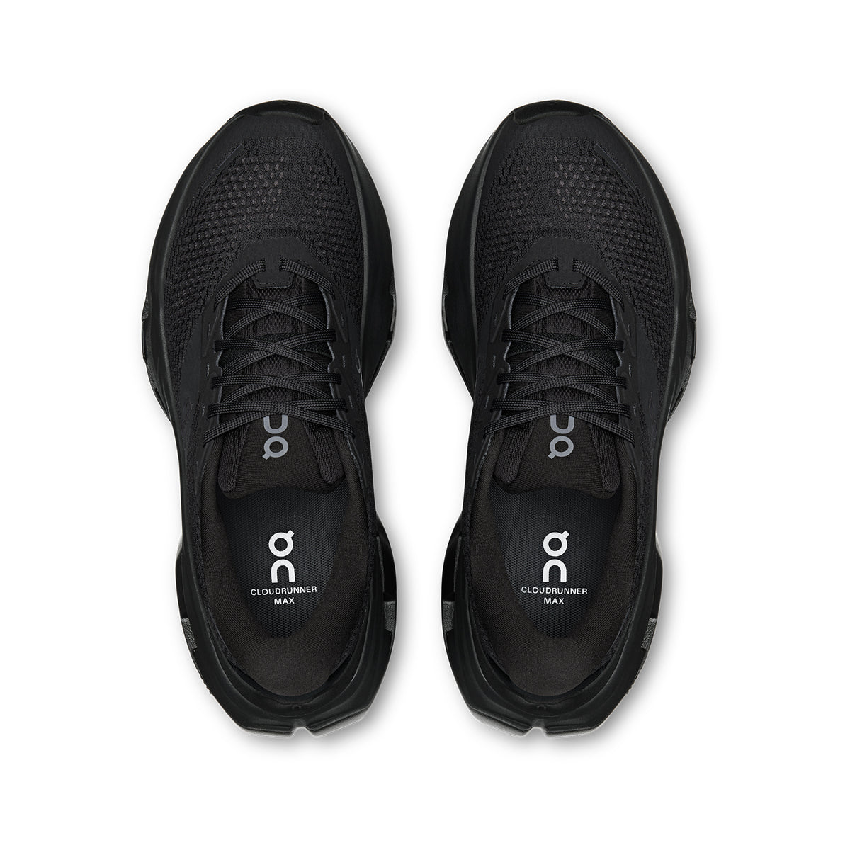 Women's On Cloudrunner 3 Max Running Shoes Black Black top view showing engineered mesh upper with plush heel and tongue for breathable secure supported daily road running