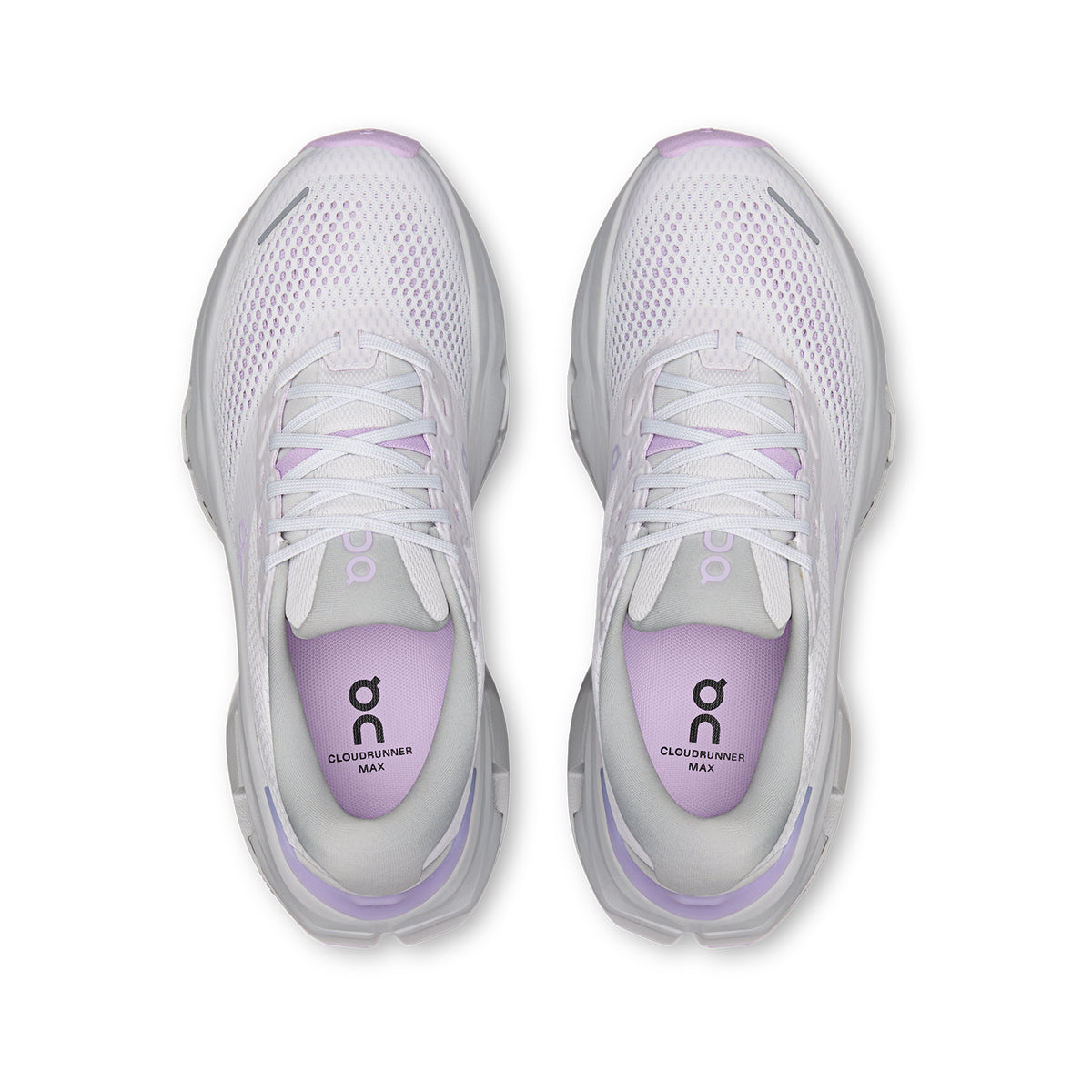Women's On Cloudrunner 3 Max Running Shoes Frost Verbana top view showing engineered mesh upper with plush heel and tongue for breathable secure supported daily road running
