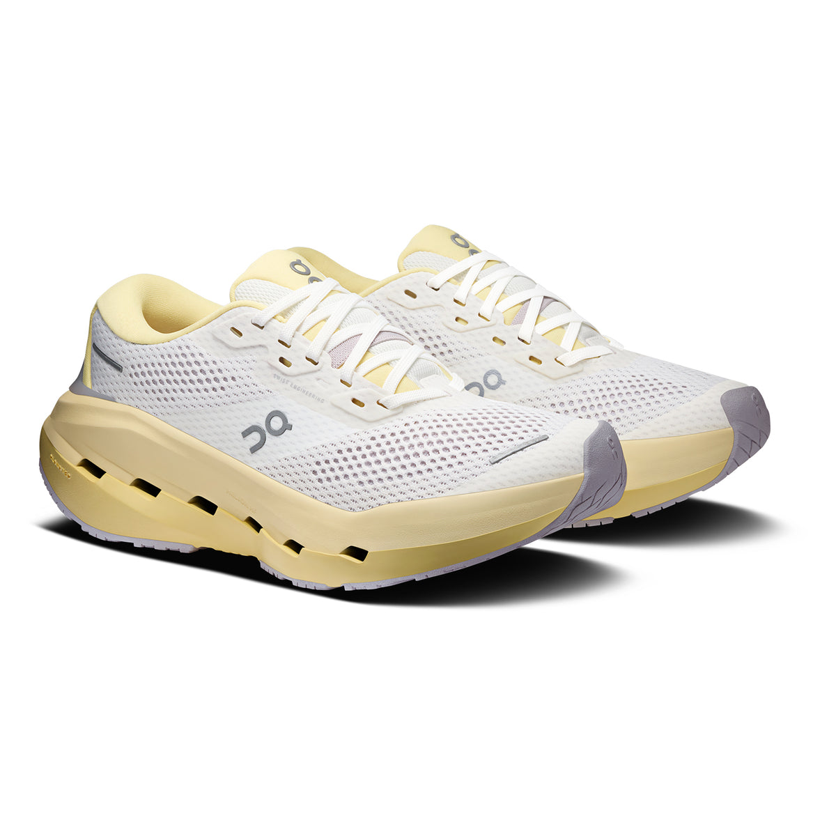 Women's On Cloudrunner 3 Max Running Shoes Ivory Dijon angled side view of pair showing stability-engineered CloudTec with Helion HF hyper foam midsole, wide base and enhanced rubber outsole for max cushion max support daily running