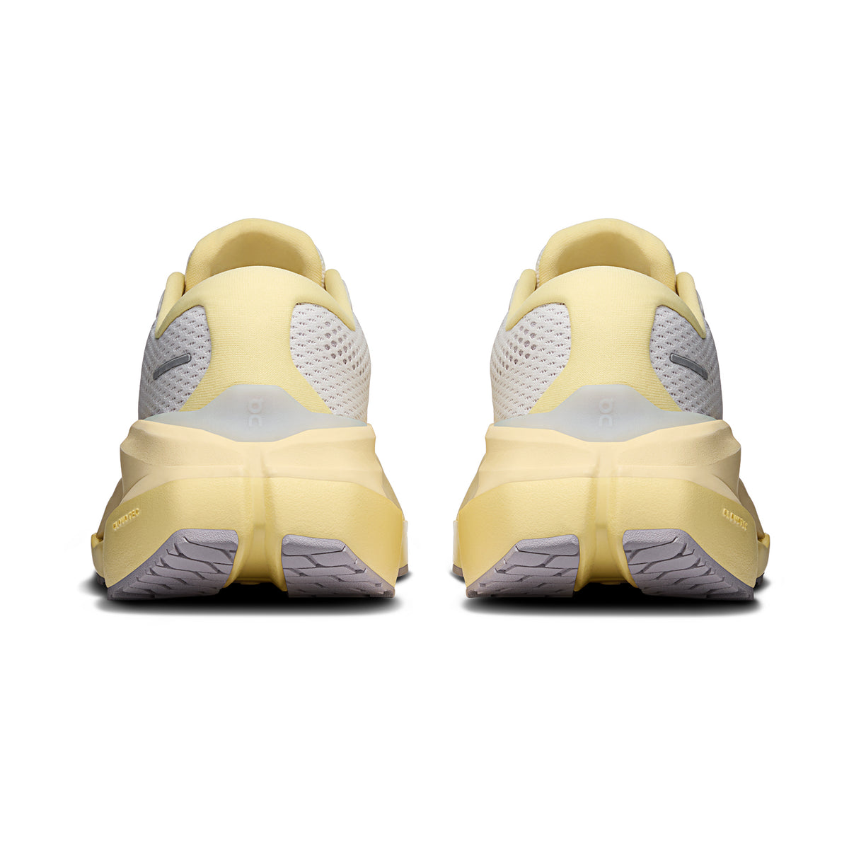 Women's On Cloudrunner 3 Max Running Shoes Ivory Dijon heel view showing dual-foam midsole with heel clip and plush tongue for secure lockdown and cushioned supported daily running