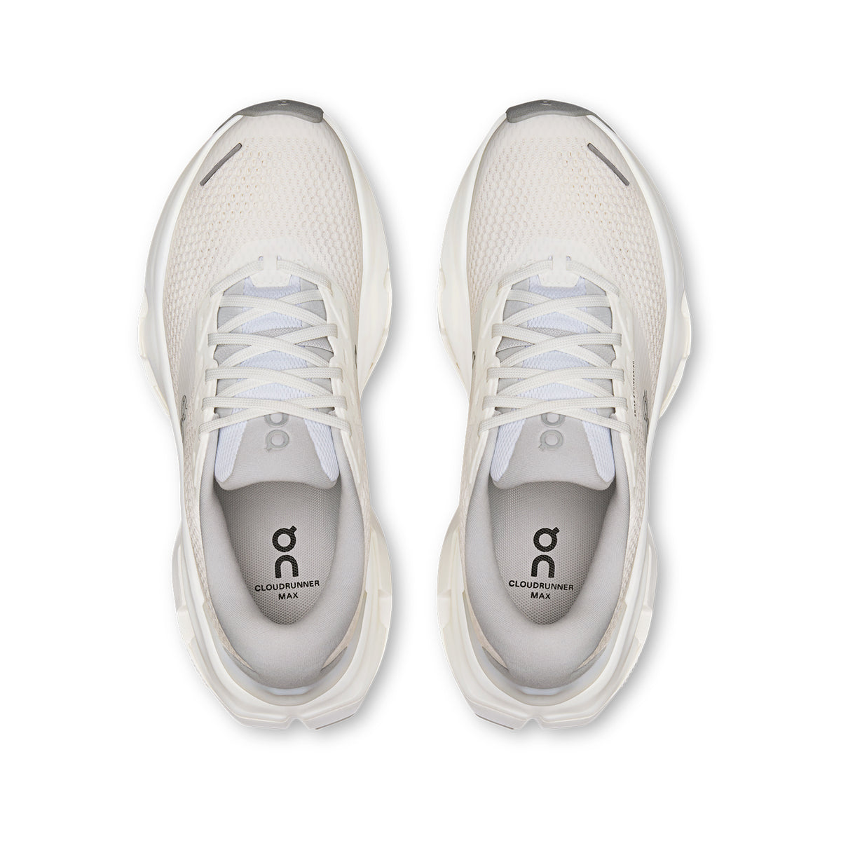 Women's On Cloudrunner 3 Max Running Shoes White Glacier top view showing engineered mesh upper with plush heel and tongue for breathable secure supported daily road running