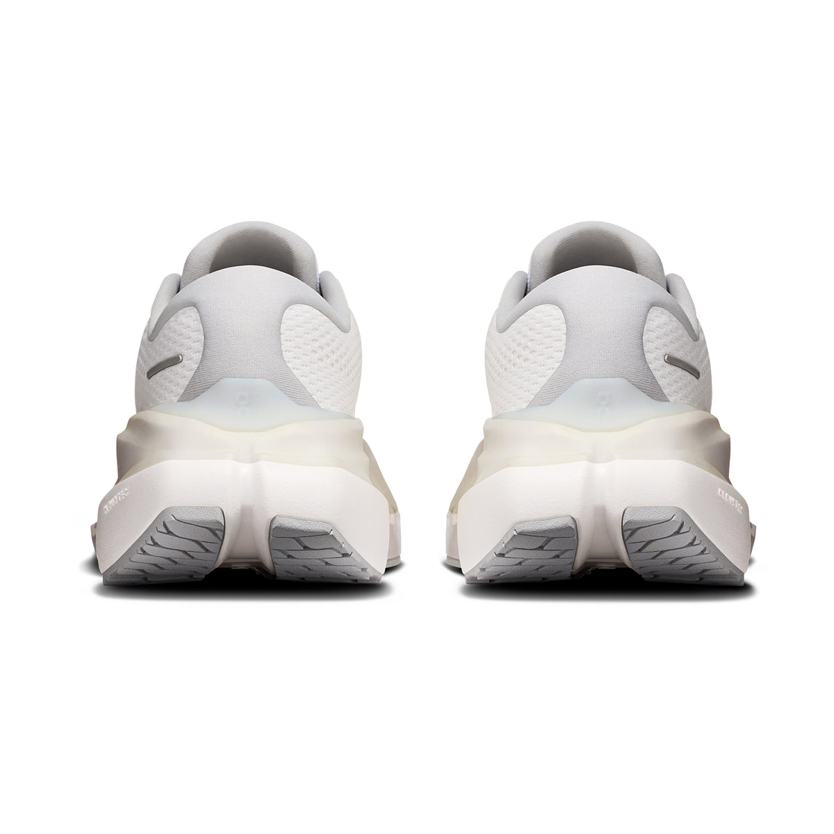 Women's On Cloudrunner 3 Max Running Shoes White Glacier heel view showing dual-foam midsole with heel clip and plush tongue for secure lockdown and cushioned supported daily running