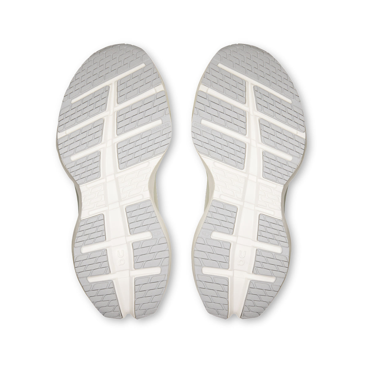 Women's On Cloudrunner 3 Max Running Shoes White Glacier sole view displaying enhanced rubber outsole with wide base and stability-engineered CloudTec geometry for traction and lateral support