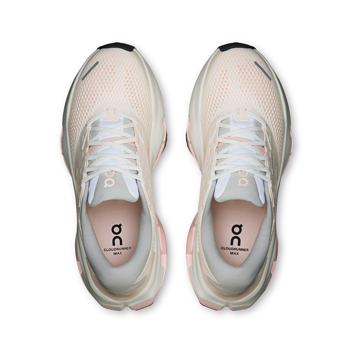 Women's On Cloudrunner 3 Max Running Shoes White Salt top view showing engineered mesh upper with plush heel and tongue for breathable secure supported daily road running