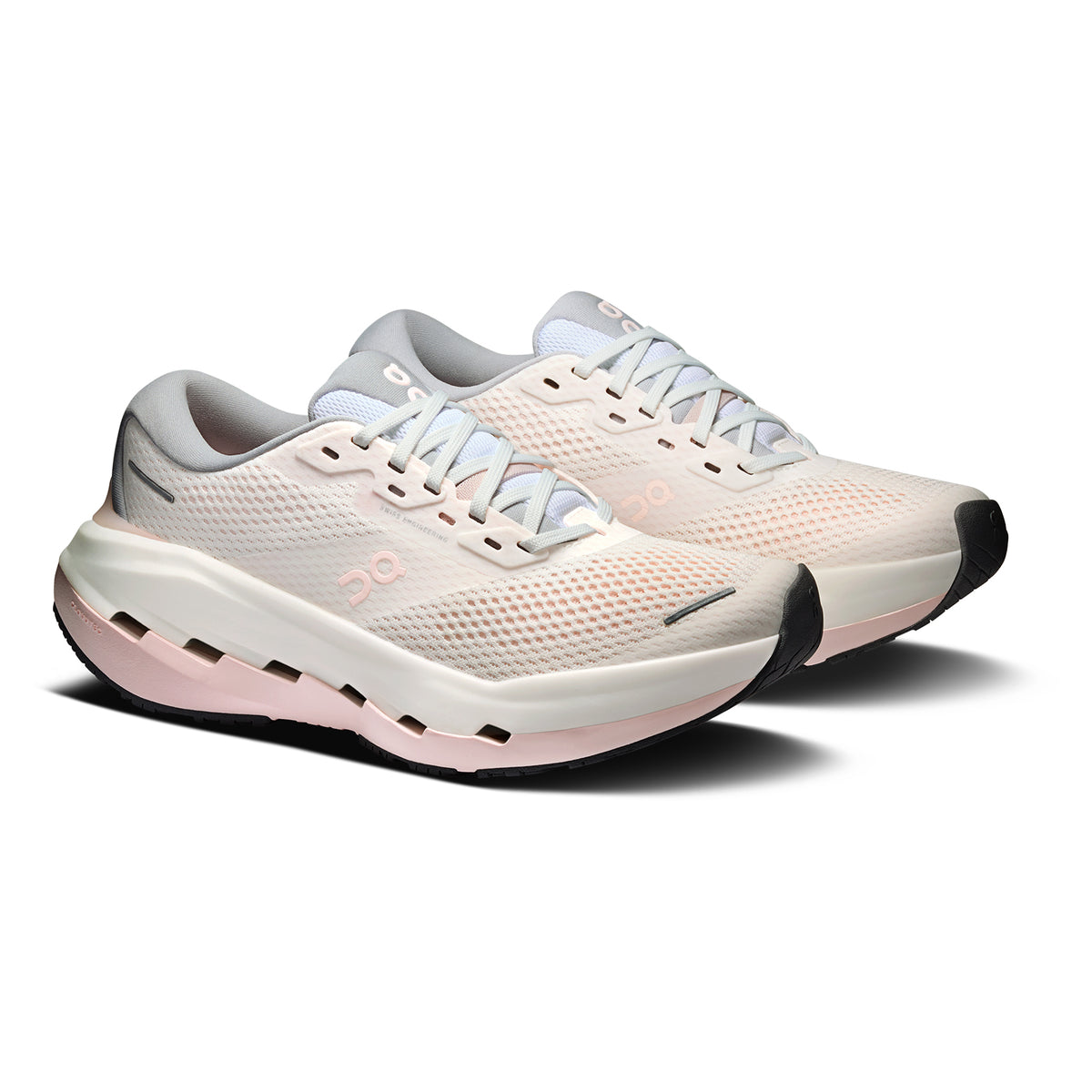 Women's On Cloudrunner 3 Max Running Shoes White Salt angled side view of pair showing stability-engineered CloudTec with Helion HF hyper foam midsole, wide base and enhanced rubber outsole for max cushion max support daily runnin