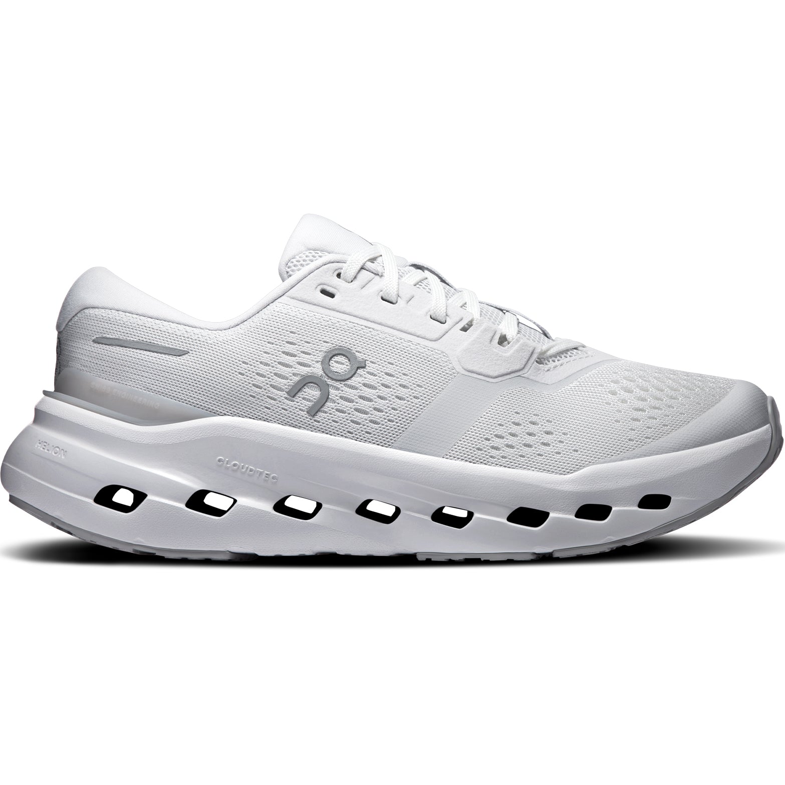 Women's On Cloudrunner 3 Running Shoes White outer side view showing CloudTec cushioning system with carbon-infused Speedboard and breathable engineered mesh upper
