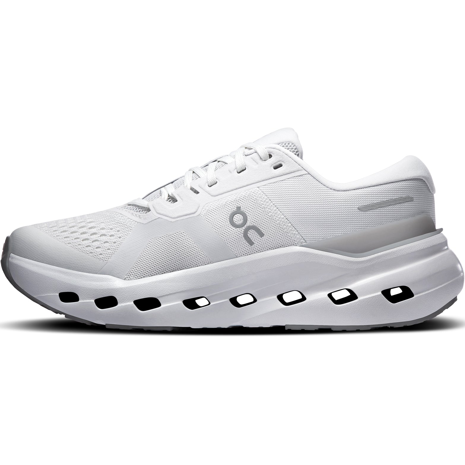 Women's On Cloudrunner 3 Running Shoes White inner side view showing CloudTec cushioning technology with Speedboard propulsion and daily running construction