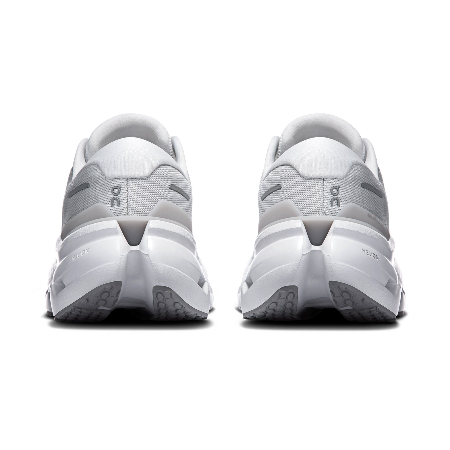 Women's On Cloudrunner 3 Running Shoes White heel view showing CloudTec cushioning stack with carbon-infused Speedboard and engineered mesh construction