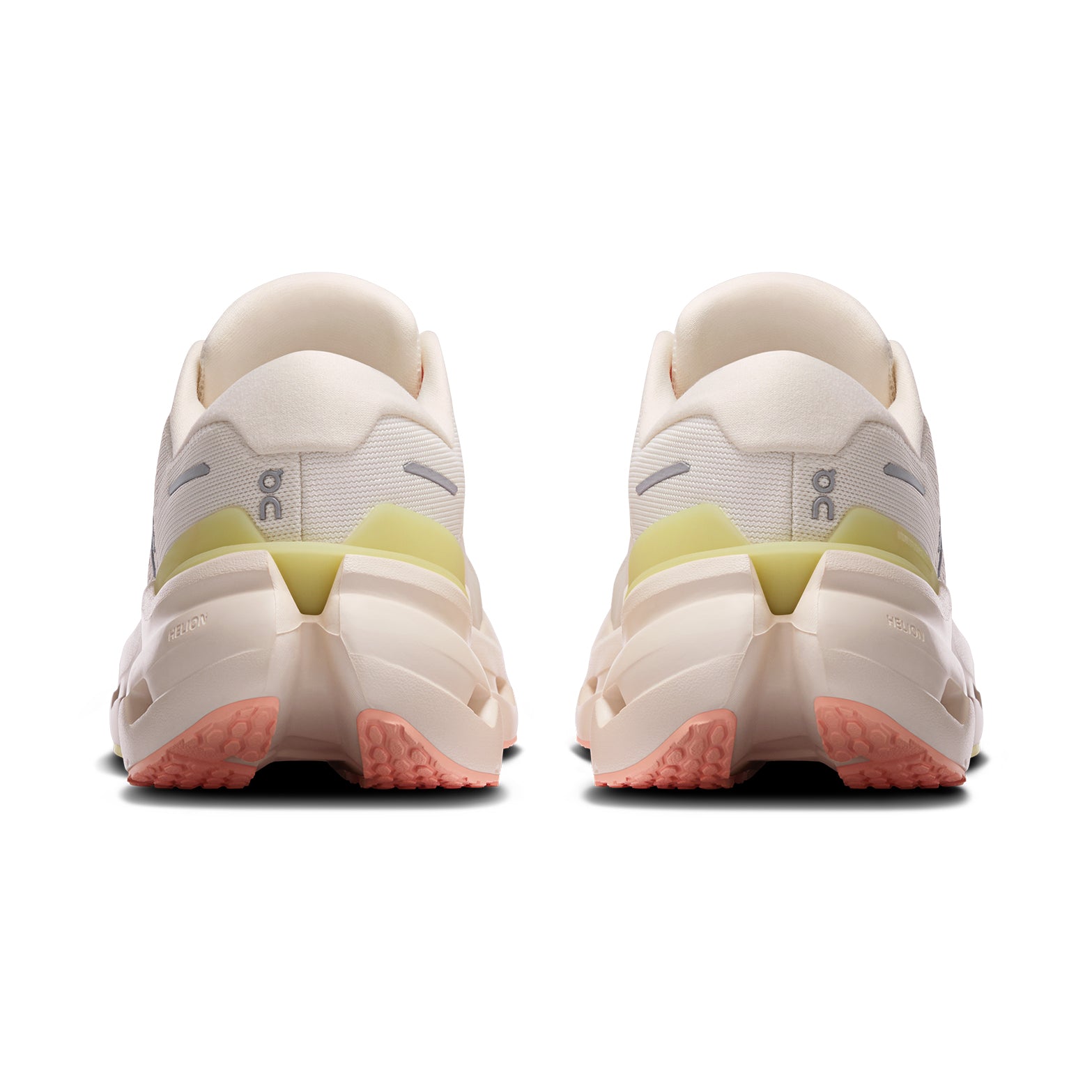 On Cloudrunner 3 women's running shoe in Ivory / Dew — heel view showing asymmetrical heel clip construction, higher sidewall cupping, reflective detailing and dew CloudTec® midsole contrast