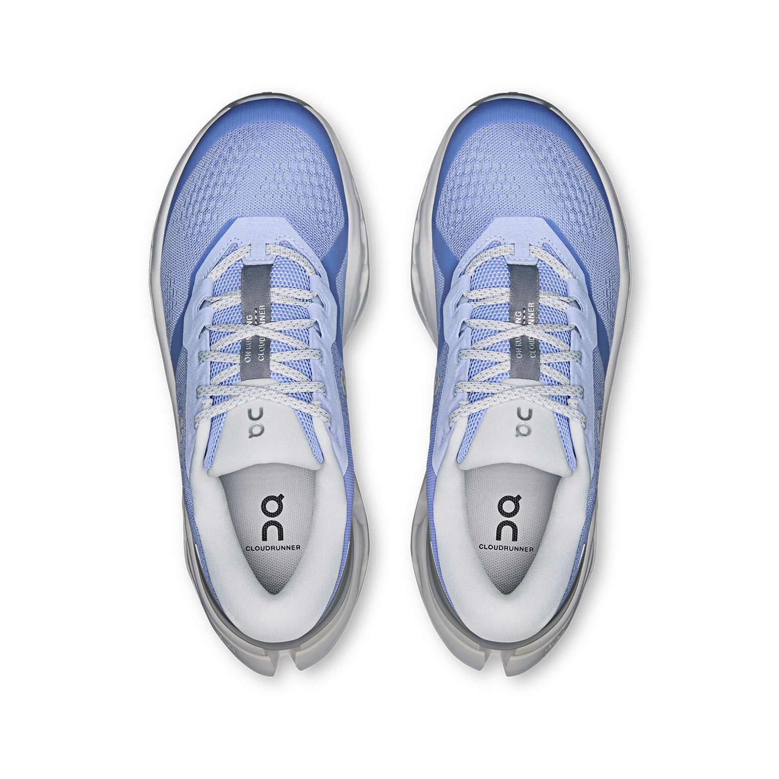 Women's On Cloudrunner 3 Running Shoes Myrtle Platinum top view showing breathable engineered mesh upper with plush tongue for comfortable secure fit during daily road running