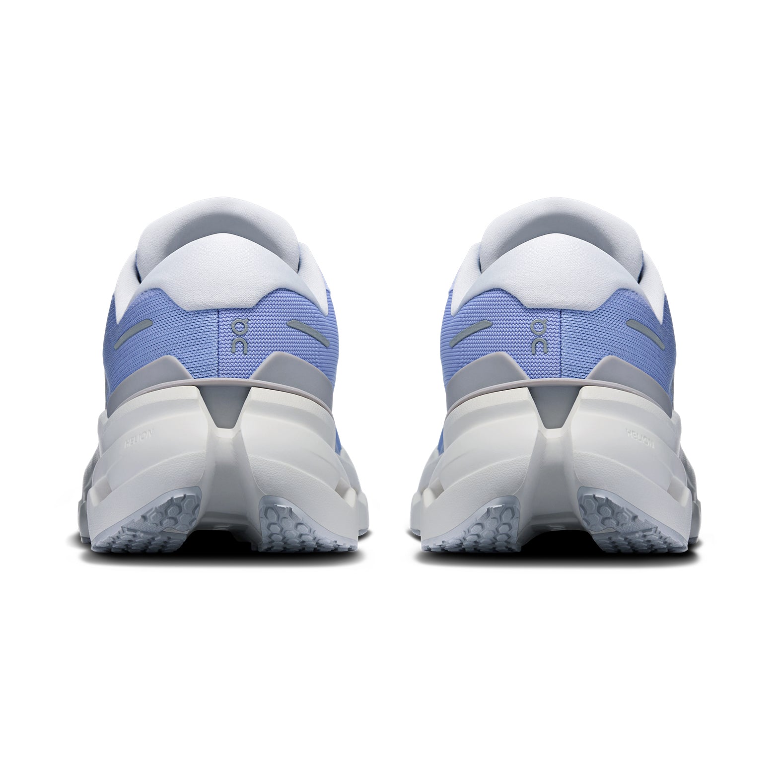 Women's On Cloudrunner 3 Running Shoes Myrtle Platinum heel view showing asymmetrical heel clip with plush heel construction and Helion foam for supportive stable daily running