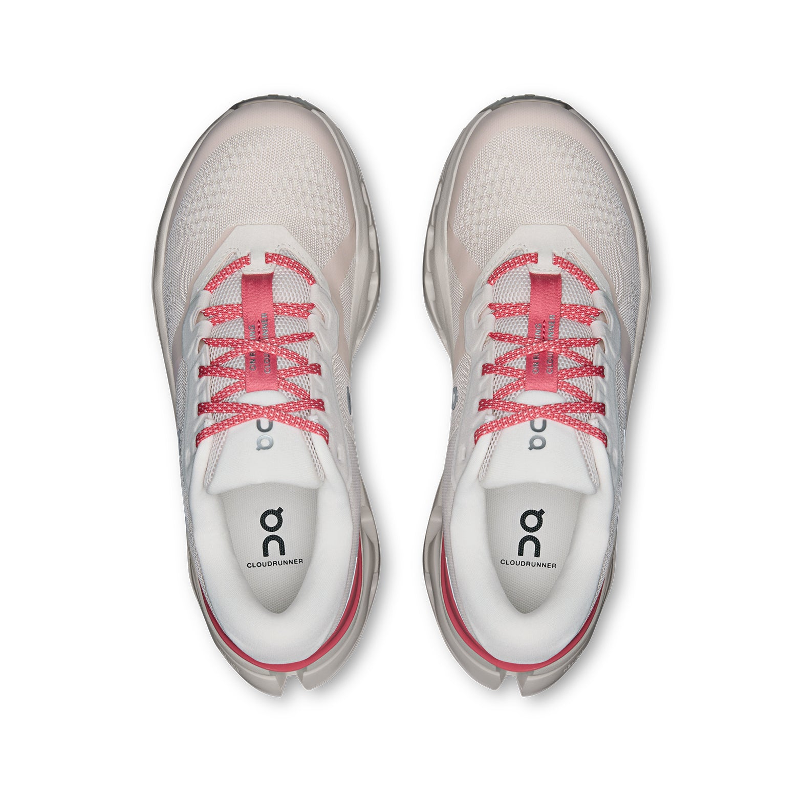 Women's On Cloudrunner 3 Running Shoes Oyster Camellia top view showing breathable engineered mesh upper with plush tongue for comfortable secure fit during daily road running