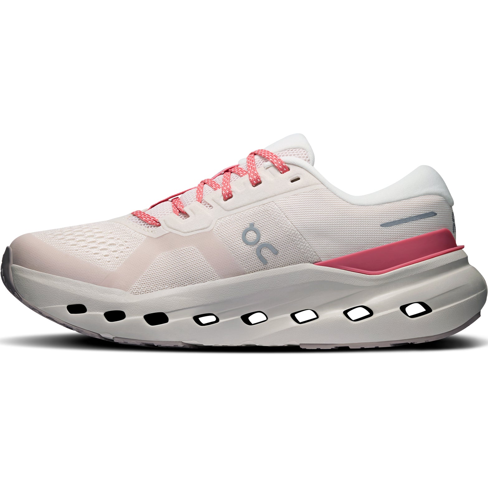 Women's On Cloudrunner 3 Running Shoes Oyster Camellia inner side view showing Helion foam with enhanced medial support and higher sidewall cupping for targeted stability during daily training