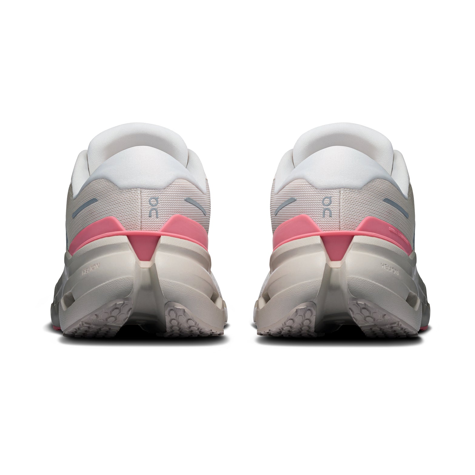 Women's On Cloudrunner 3 Running Shoes Oyster Camellia heel view showing asymmetrical heel clip with plush heel construction and Helion foam for supportive stable daily running