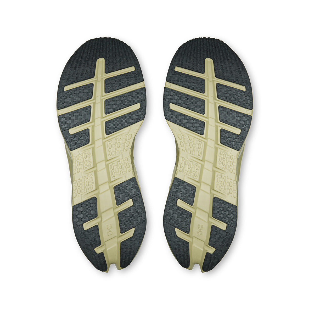 Pair of On Women’s Cloudrunner 3 WP Running Shoes soles in Pollon / Haze, featuring a beige center with dark outer edges. The textured grip patterns and grooves are engineered to optimize CloudTec cushioning, shown side by side on a white background.