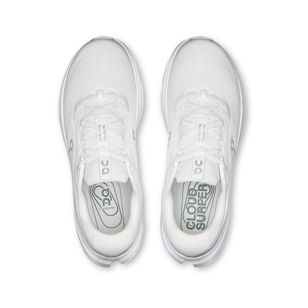 A top-down view of a pair of all-white Women’s Cloudsurfer 3 Running Shoes White / White.