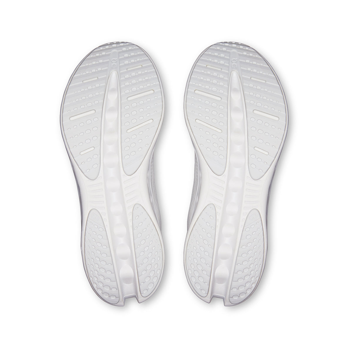 Pair of Women’s Cloudsurfer 3 Running Shoes White / White outsoles with a textured, multi-segment CloudTec Phase tread pattern.