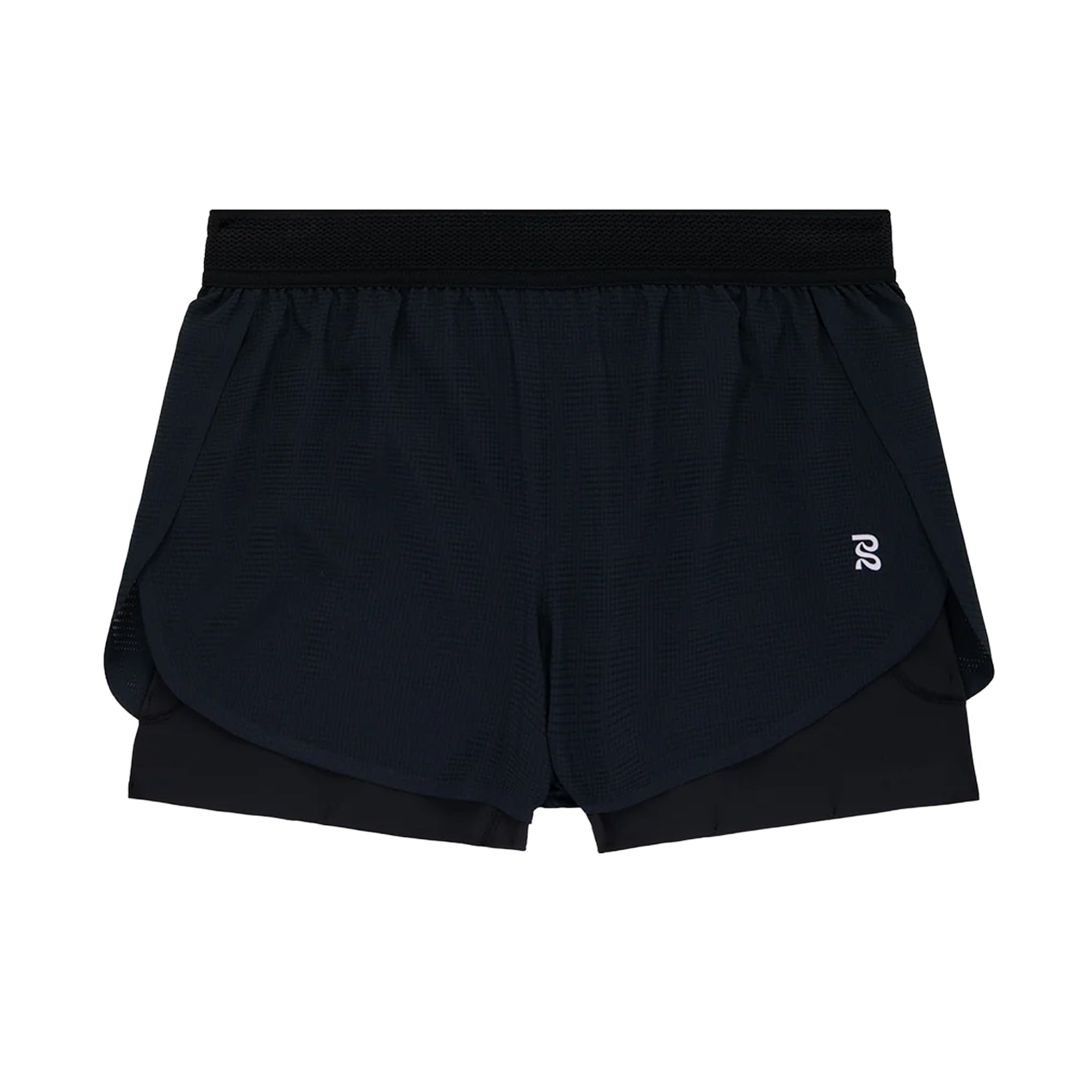 Women's Bandit CoolGrid 2-in-1 Run Short Black front product view showing CoolGrid breathable outer with mesh waistband and reflective branding on right leg
