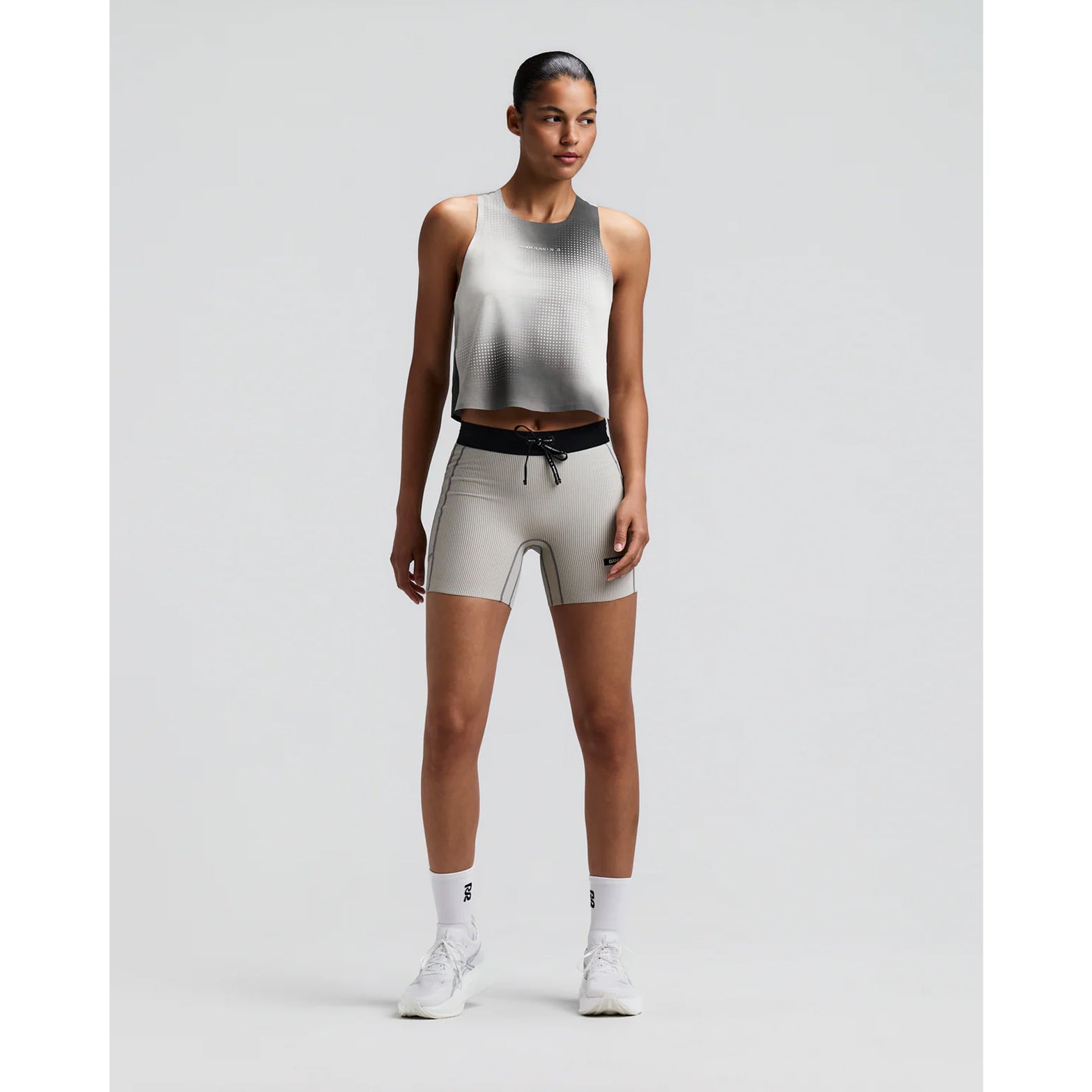 Women's Bandit CoolGrid Race Singlet Slate Multi front full body view on female runner showing CoolGrid breathable mesh with side slits and bonded seams for comfortable race day running