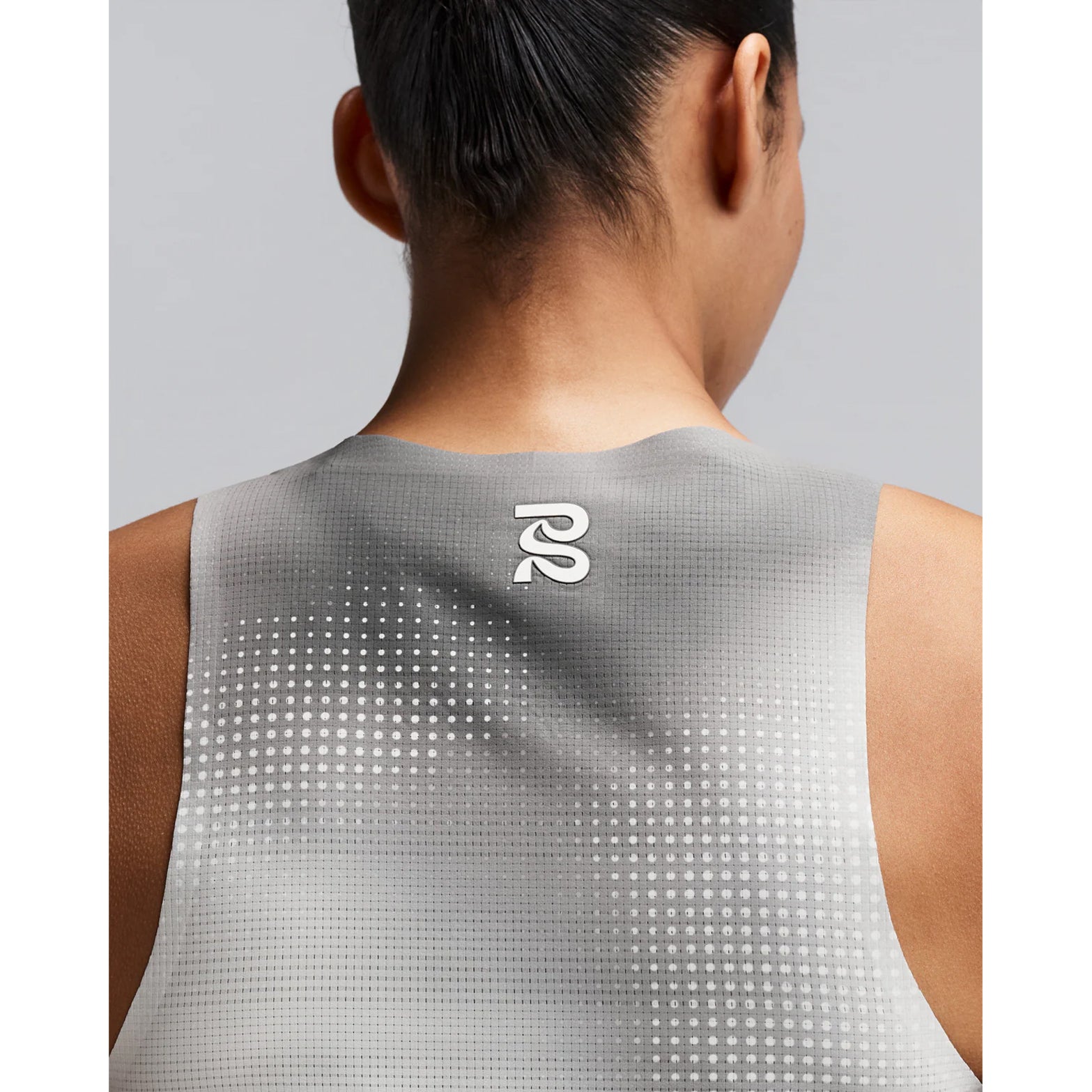 Women's Bandit CoolGrid Race Singlet Slate Multi close-up of back showing bonded chafe-free seams with two-tone reflective branding and CoolGrid breathable mesh construction