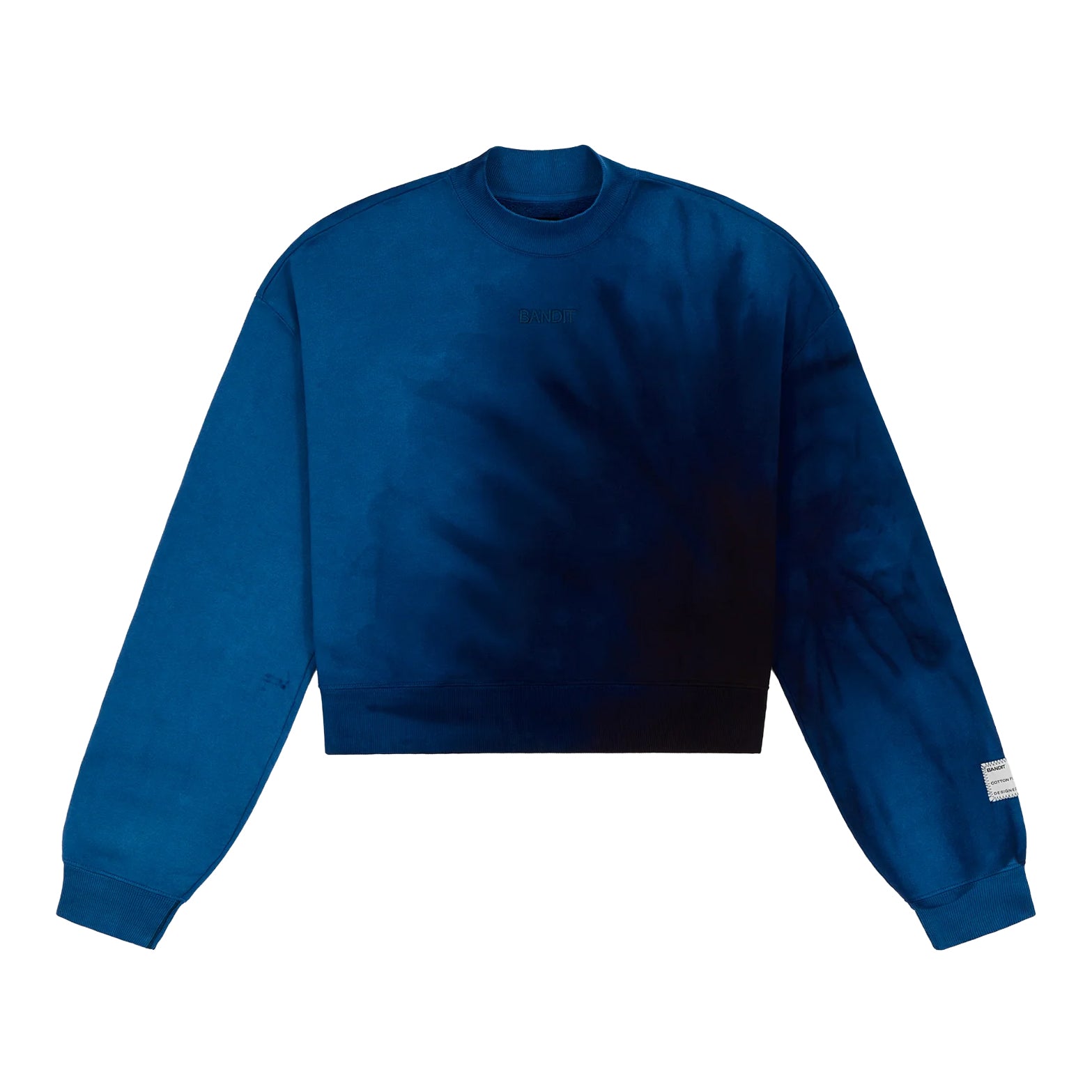 Bandit Cropmock Pullover women's in Aegean Blue Wave Print — front product shot showing cropped mockneck silhouette, aegean blue wave print dye, rib trim collar and embroidered Bandit chest branding