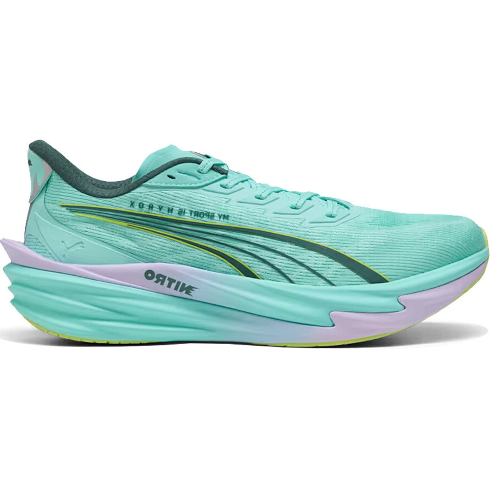 Women's Puma Deviate NITRO 4 HYROX Running Shoes Intense Mint Light Lavender outer side view showing NITROFOAM nitrogen-injected cushioning with carbon fibre PWRPLATE for propulsive HYROX fitness racing