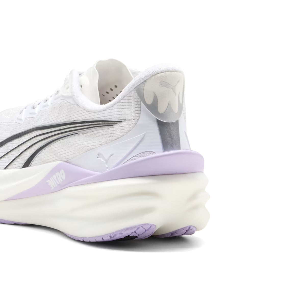 Women's Puma Deviate NITRO 4 Running Shoes Puma White Light Lavender heel view showing NITRO foam stack with carbon fibre plate for propulsive race day cushioning