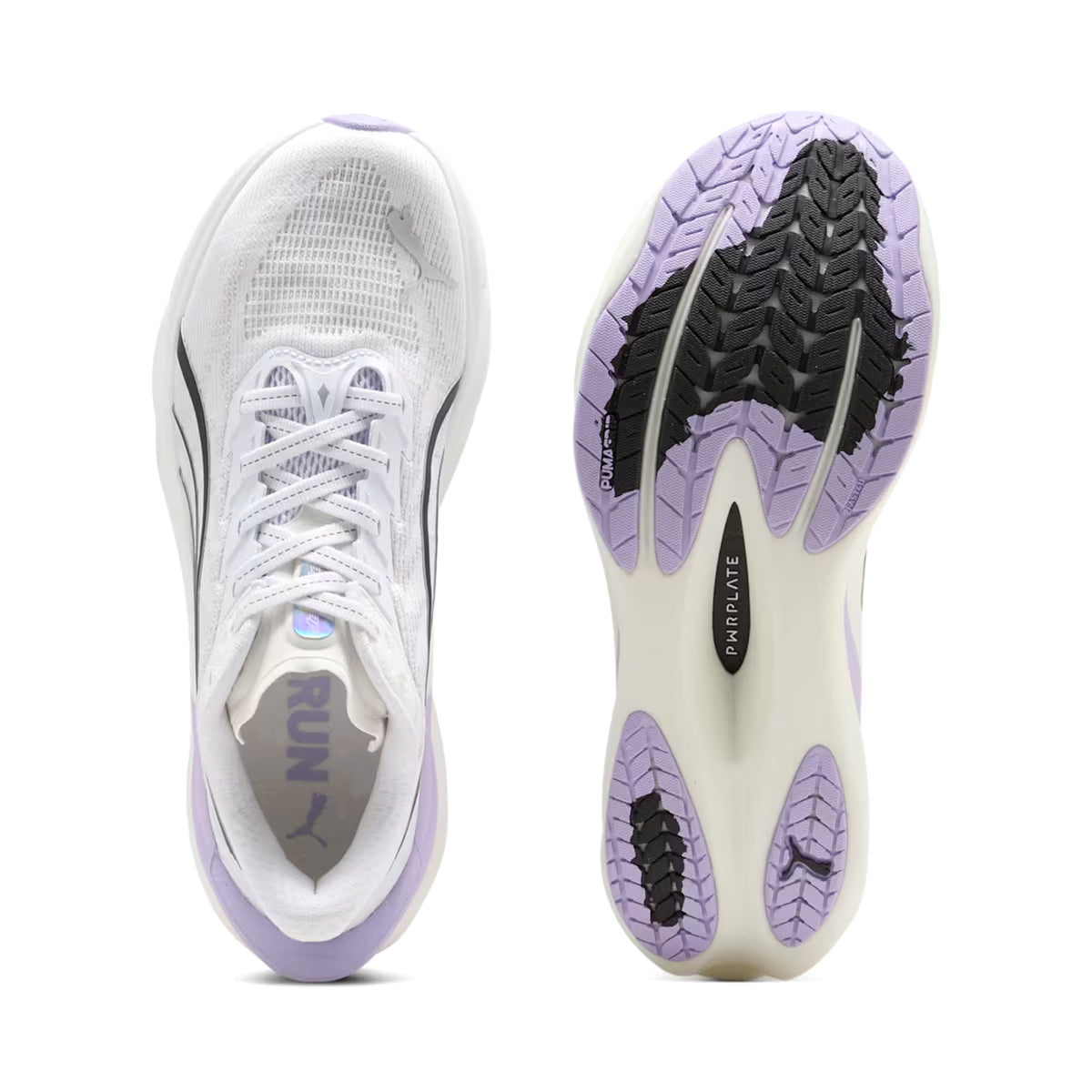 Women's Puma Deviate NITRO 4 Running Shoes Puma White Light Lavender sole view displaying PUMAGRIP outsole with carbon plate and NITRO foam for reliable race day traction