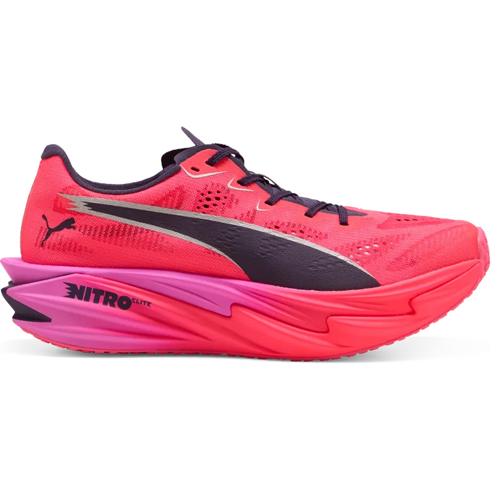 Women's PUMA Deviate NITRO Elite 4 HYROX Running Shoes Pure Pink Electric Orchid Deep Plum outer side view showing NITROFOAM Elite midsole with carbon fibre PWRPLATE