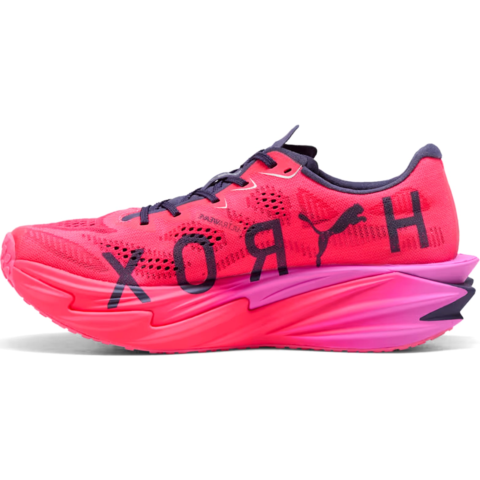 Women's PUMA Deviate NITRO Elite 4 HYROX Running Shoes Pure Pink Electric Orchid Deep Plum inner side view showing NITROFOAM Elite cushioning and PUMA x HYROX collaboration design