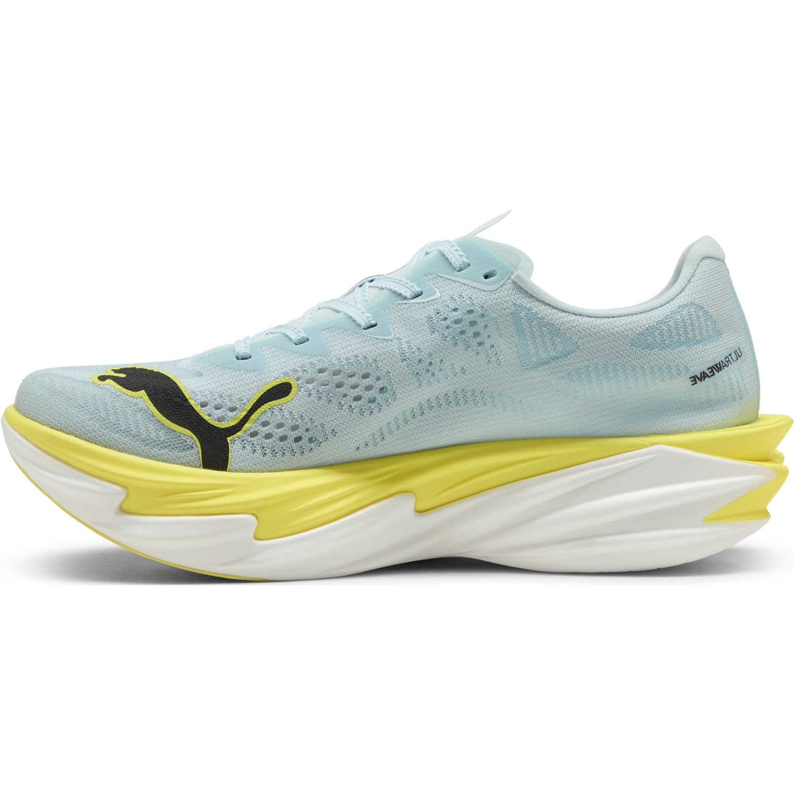 Women's PUMA Deviate NITRO Elite 4 Running Shoes Blue Yellow inner side view showing NITROFOAM Elite cushioning and 12% lighter racing construction