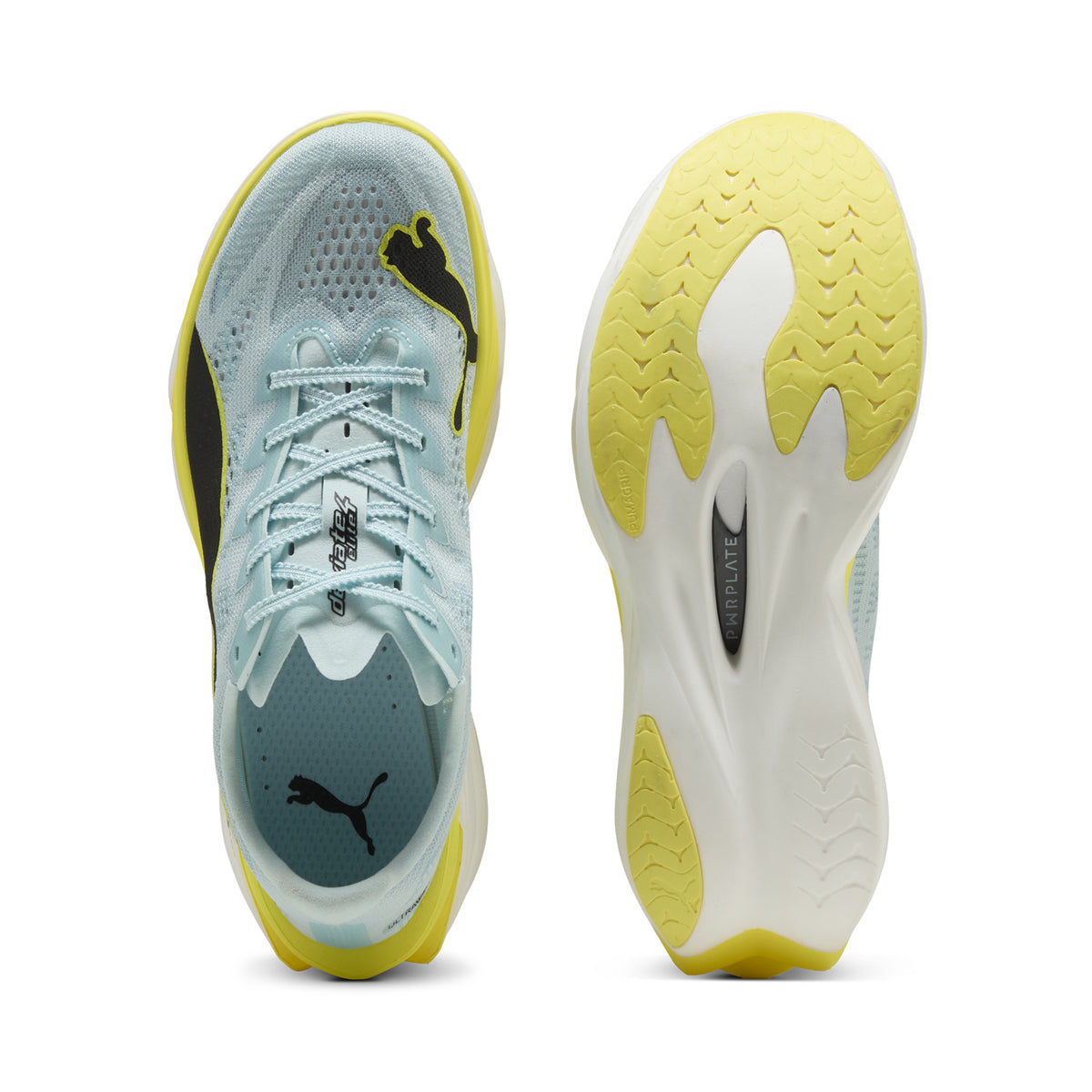 Women's PUMA Deviate NITRO Elite 4 Running Shoes Blue Yellow showing top view of ULTRAWEAVE ultra-lightweight upper and sole view displaying PUMAGRIP all-surface traction