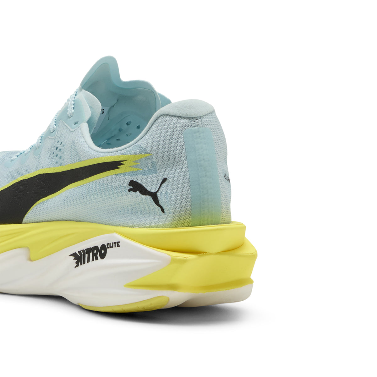 Women's PUMA Deviate NITRO Elite 4 Running Shoes Blue Yellow angled heel view showing NITROFOAM Elite stack height 40mm heel 32mm forefoot and carbon PWRPLATE