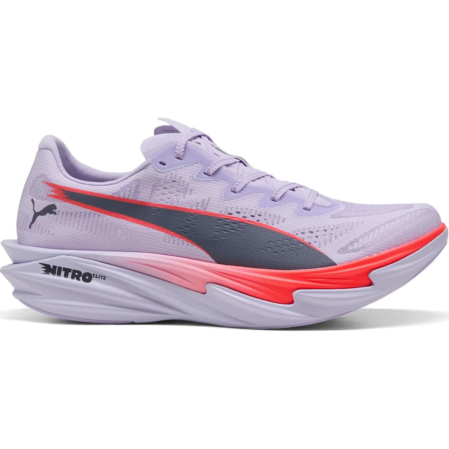 Women's Puma Deviate NITRO Elite 4 Running Shoes Light Lavender Ultra Red Inky Depths outer side view showing NITROFOAM Elite foam with carbon fibre PWRPLATE for race day performance