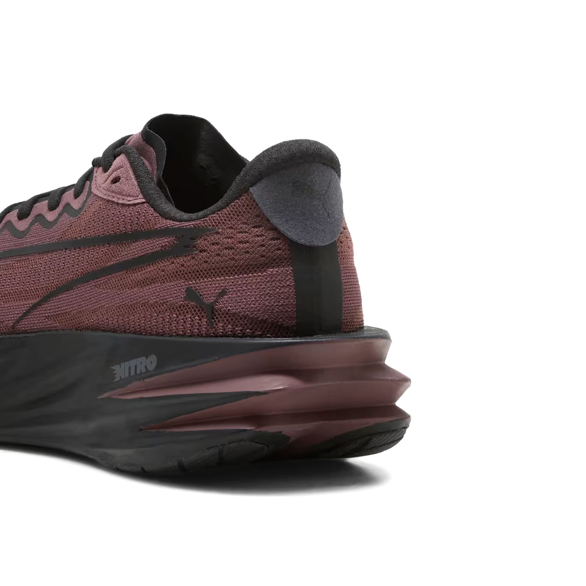 Women's Puma Deviate Pure NITRO Running Shoes Rich Cocoa Puma Black heel view showing NITROFOAM cushioning stack with 8mm heel-to-toe drop for responsive daily running