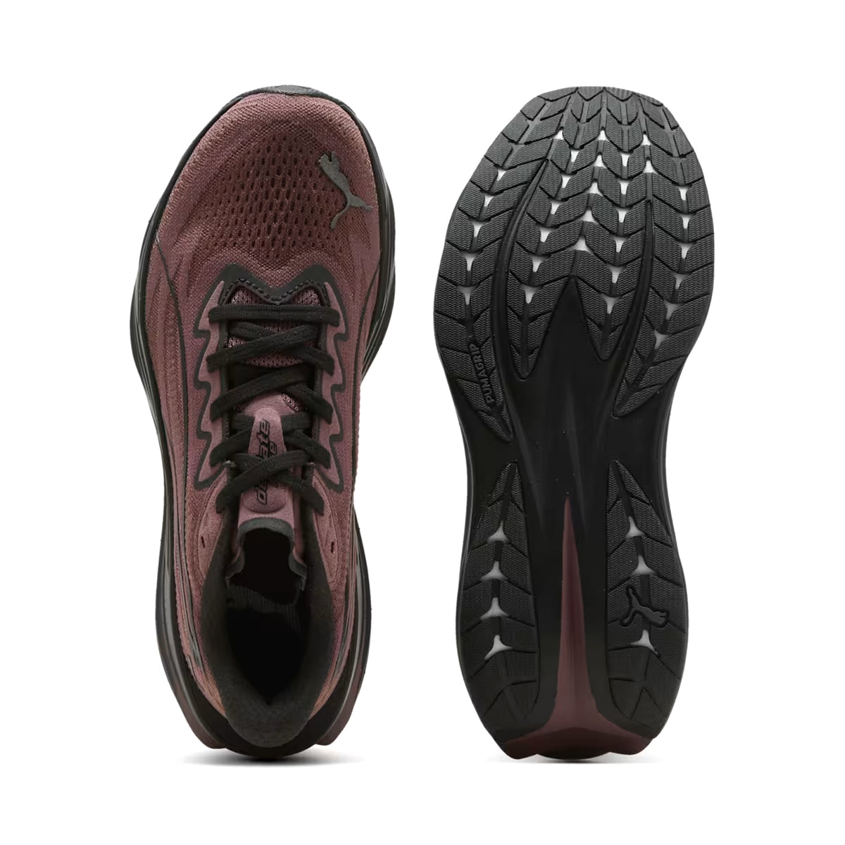 Women's Puma Deviate Pure NITRO Running Shoes Rich Cocoa Puma Black showing top view of recycled upper construction alongside sole view displaying flexible plateless outsole for daily road running