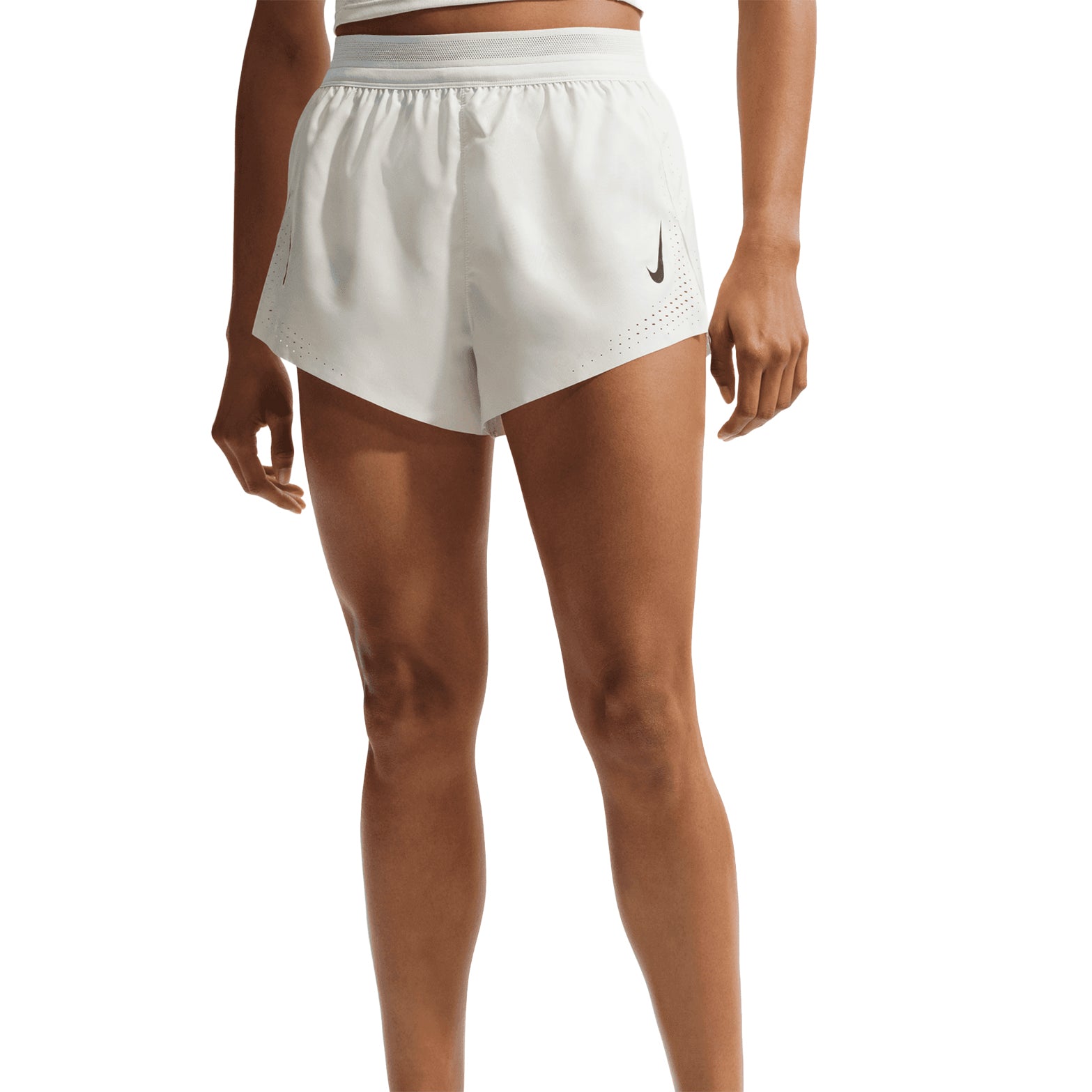 Women's Nike Dri-FIT ADV Mid-Rise 3 Inch Running Shorts Off White White Black front view on female runner showing mid-rise design with Dri-FIT ADV moisture-wicking technology for breathable performance