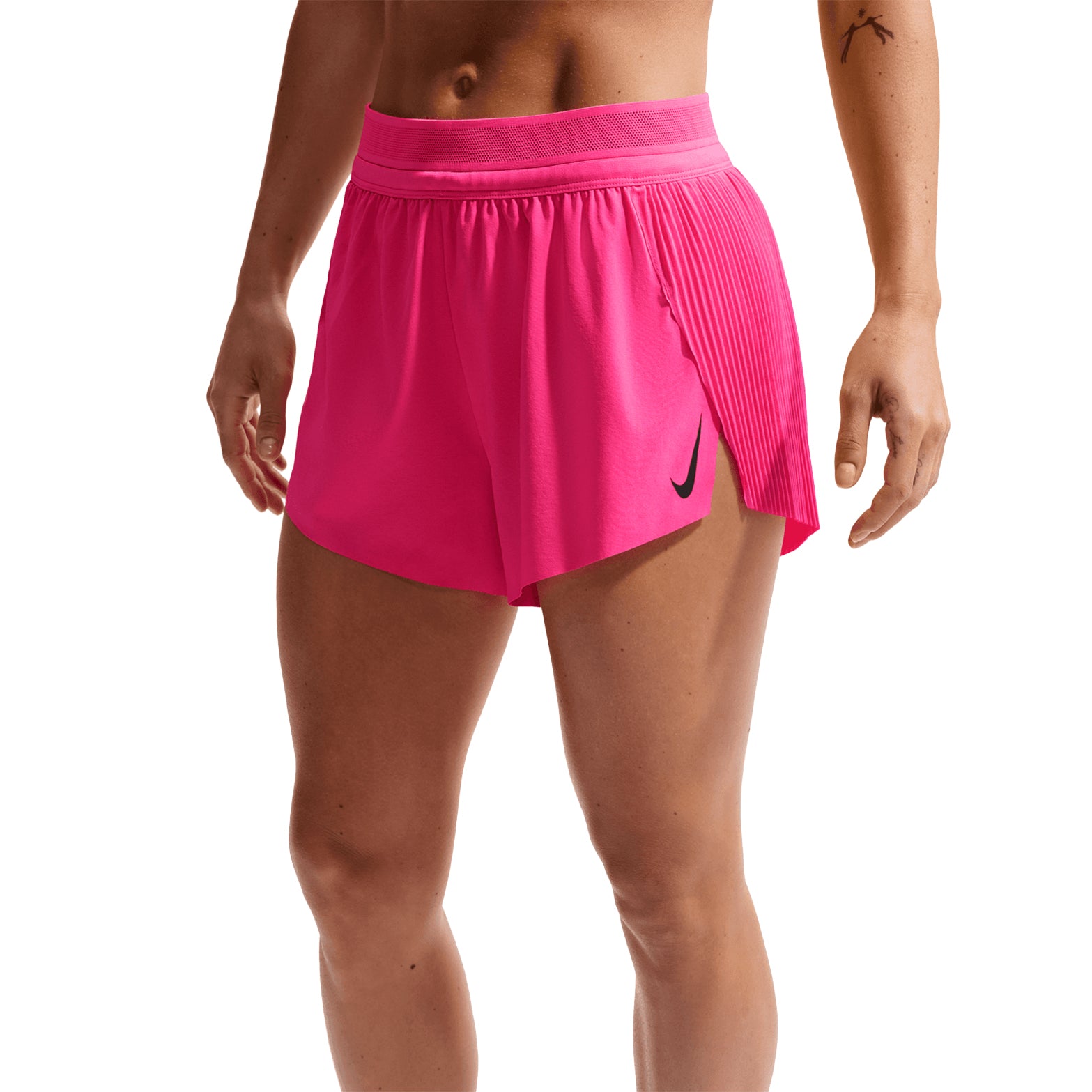 Women's Nike Dri-FIT Aeroswift ADV Mid-Rise 3 Inch Running Shorts Hyper Pink Black front view on female runner showing mid-rise design with Dri-FIT ADV moisture-wicking technology for breathable performance