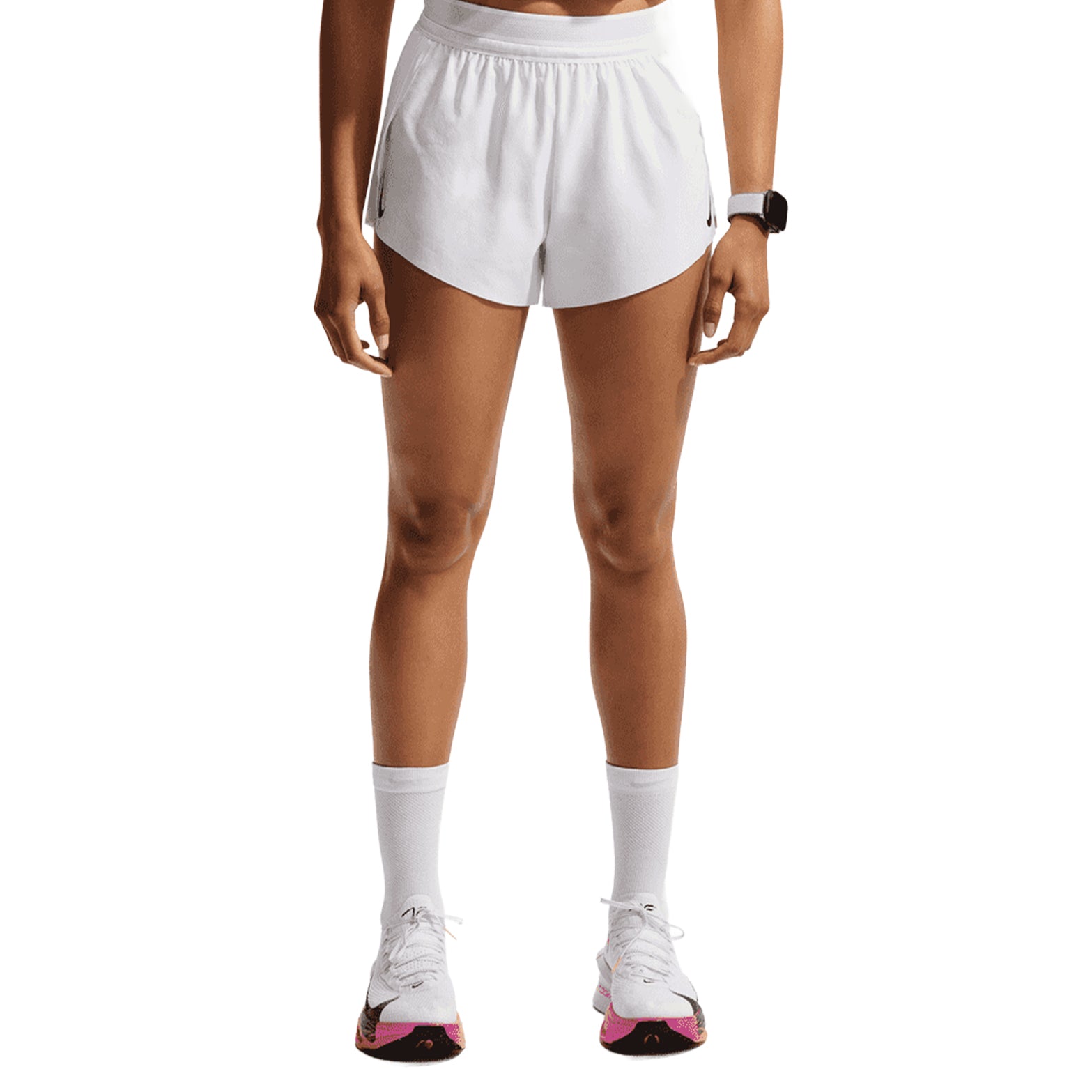 Women's Nike Dri-FIT Aeroswift ADV Mid-Rise 3 Inch Running Shorts White Black front view on female runner showing mid-rise design with Dri-FIT ADV moisture-wicking technology for breathable performance