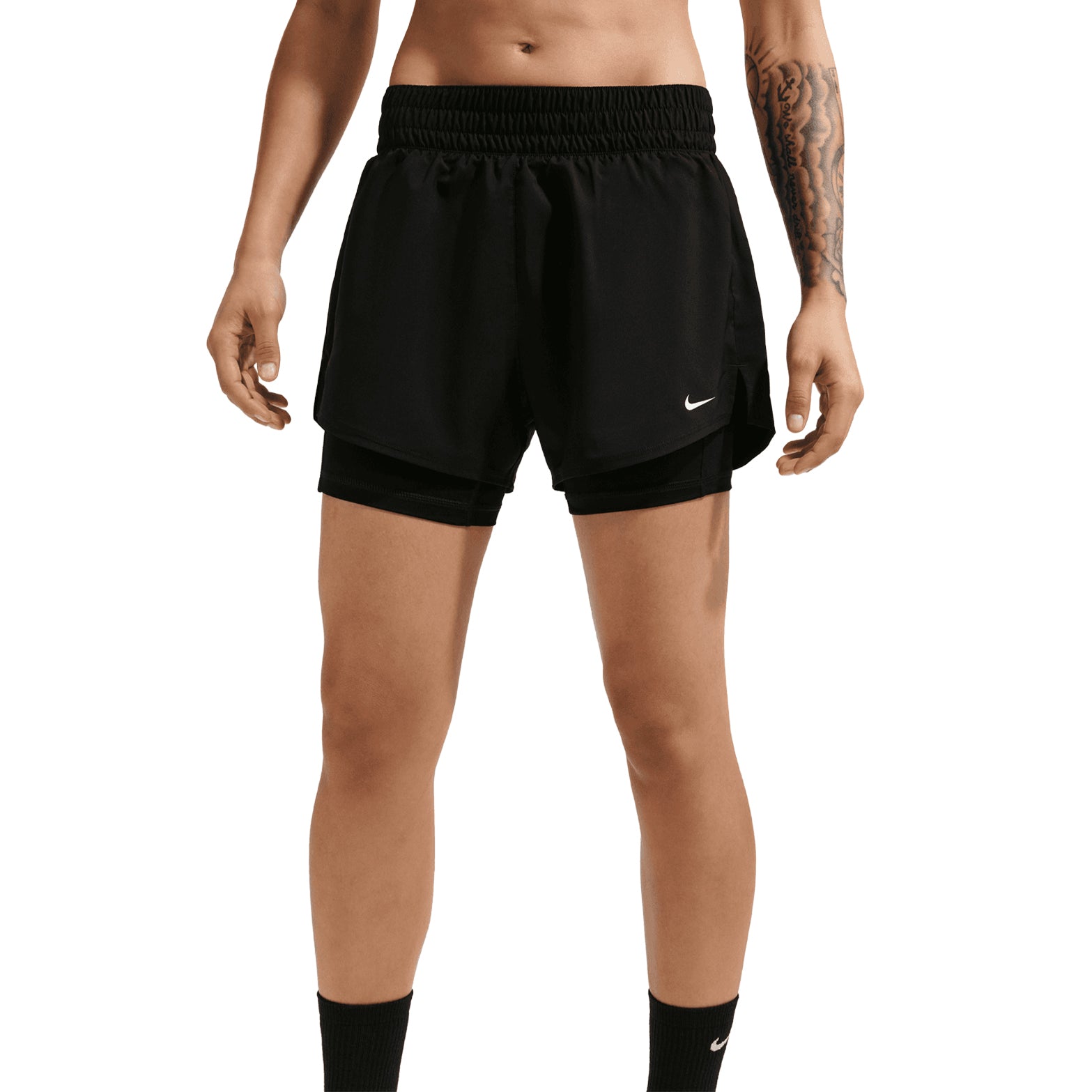 Women's Nike Dri-FIT High-Waisted 3 Inch 2-in-1 Shorts Black White front view showing high-rise elastic waistband and silky-smooth woven fabric