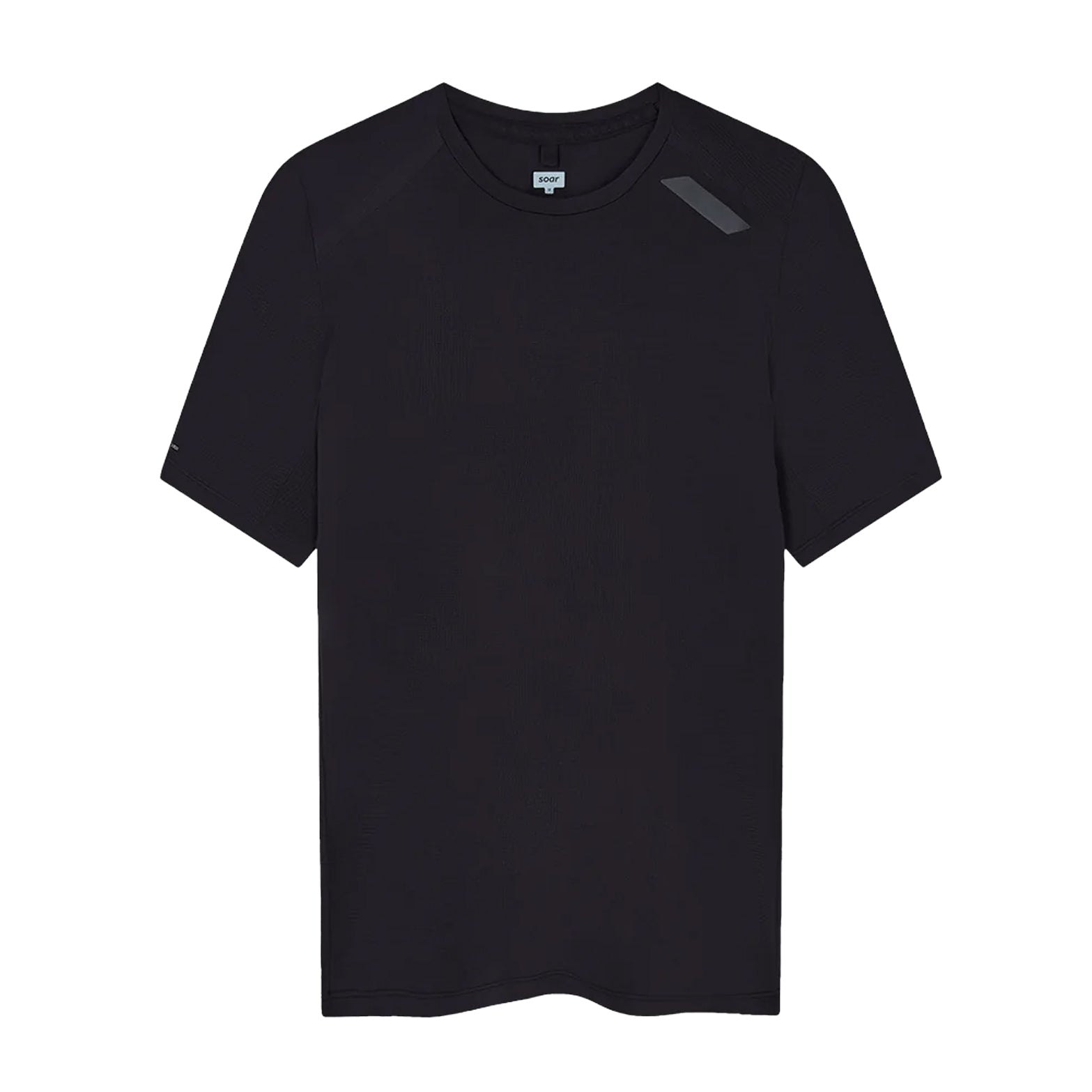 Women's Soar Eco Tech Tee Black front view showing standard fit, four-panel construction and reflective Soar logo
