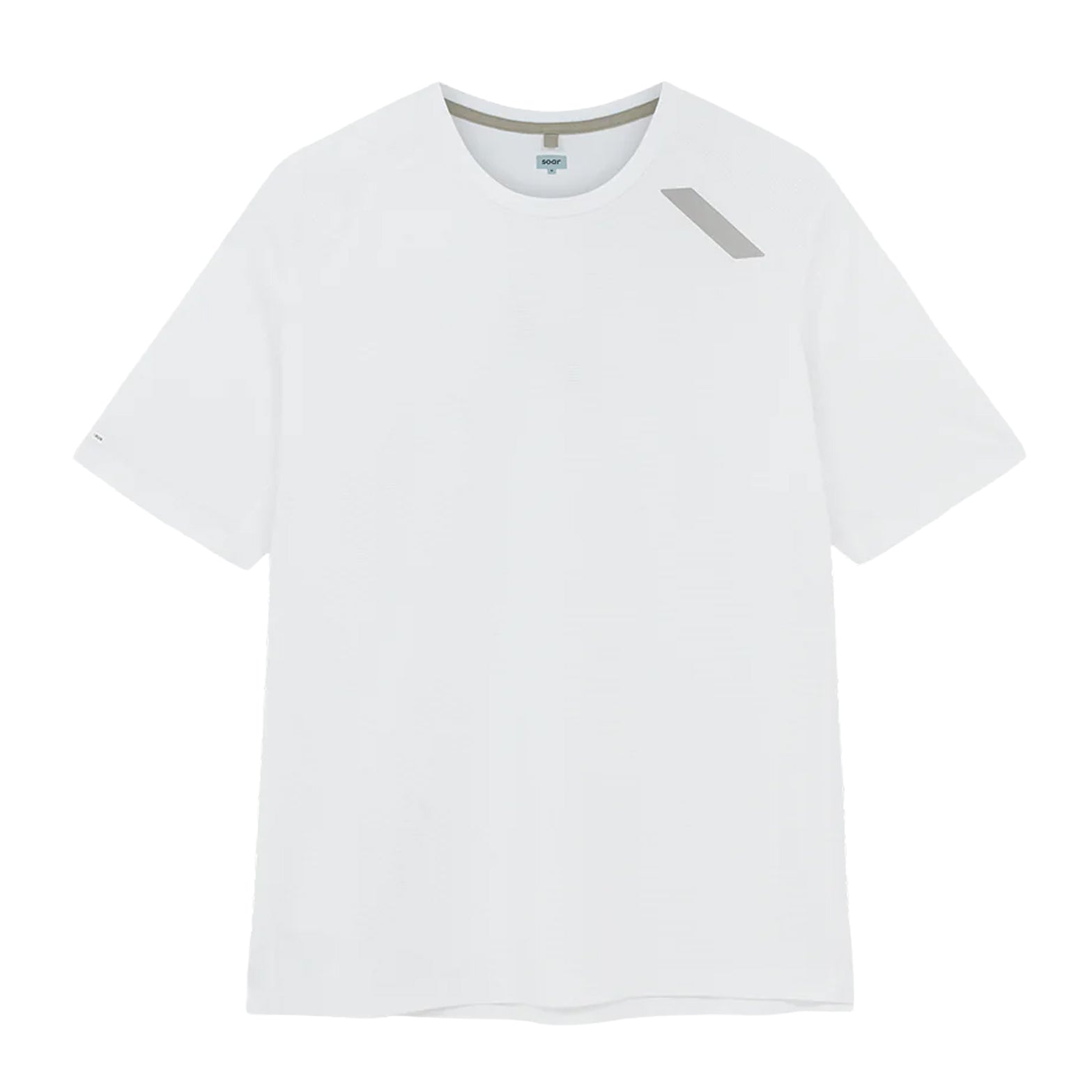 Women's Soar Eco Tech Tee White front view showing standard fit, four-panel construction and reflective Soar logo