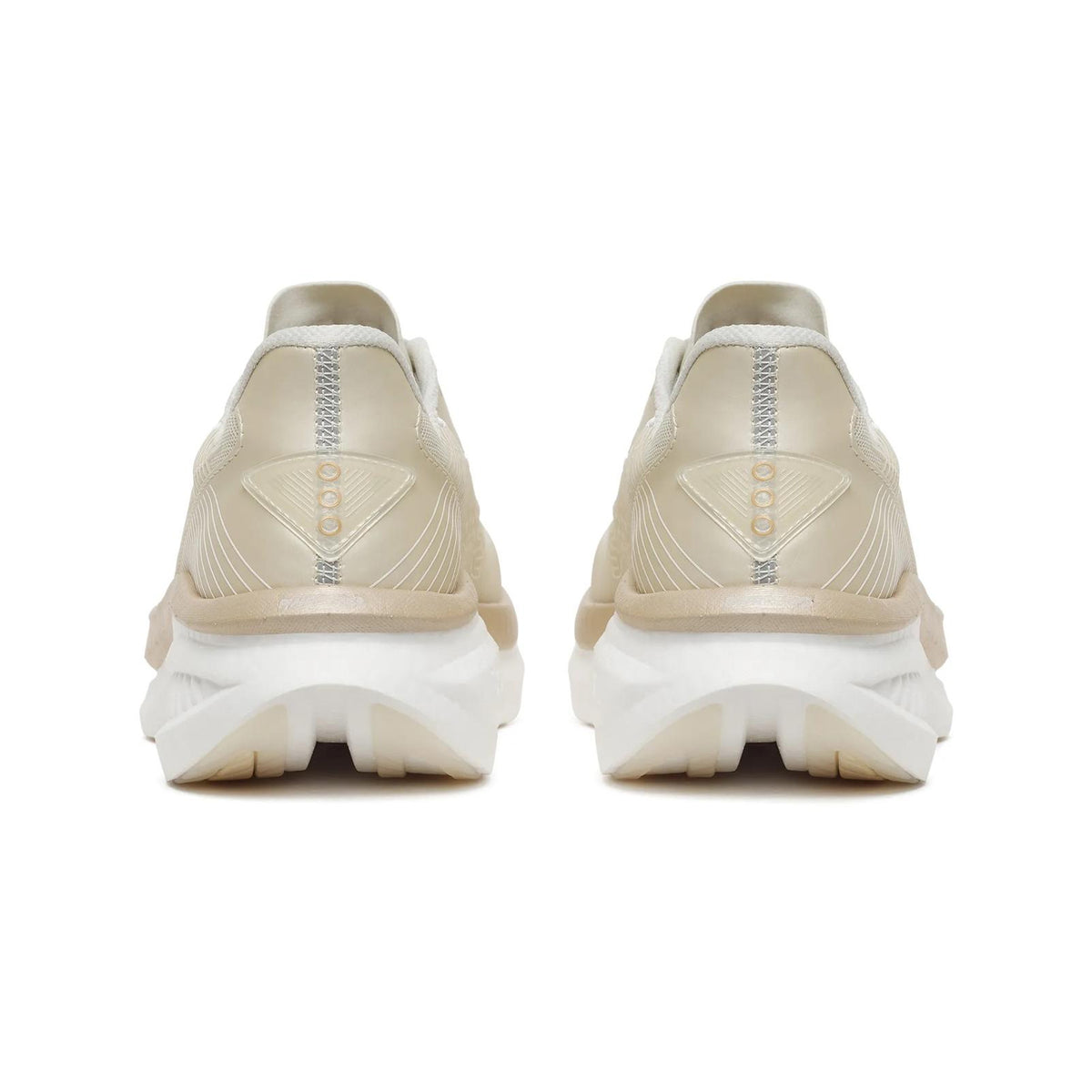 Women's Saucony Endorphin Azura Running Shoes Eggshell Ivory heel view showing PWRRUN PB superfoam stack with padded heel collar and SpeedRoll geometry for cushioned plateless daily running