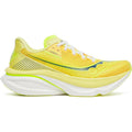 The Saucony Women’s Endorphin Azura Running Shoes in the Sunrise colorway feature a vibrant yellow upper with white laces, a thick white sole, neon green accents, and black detailing. Designed as a plateless daily trainer with responsive PWRRUN PB superfoam cushioning, these shoes offer a lightweight and sporty style ideal for athletic activities.