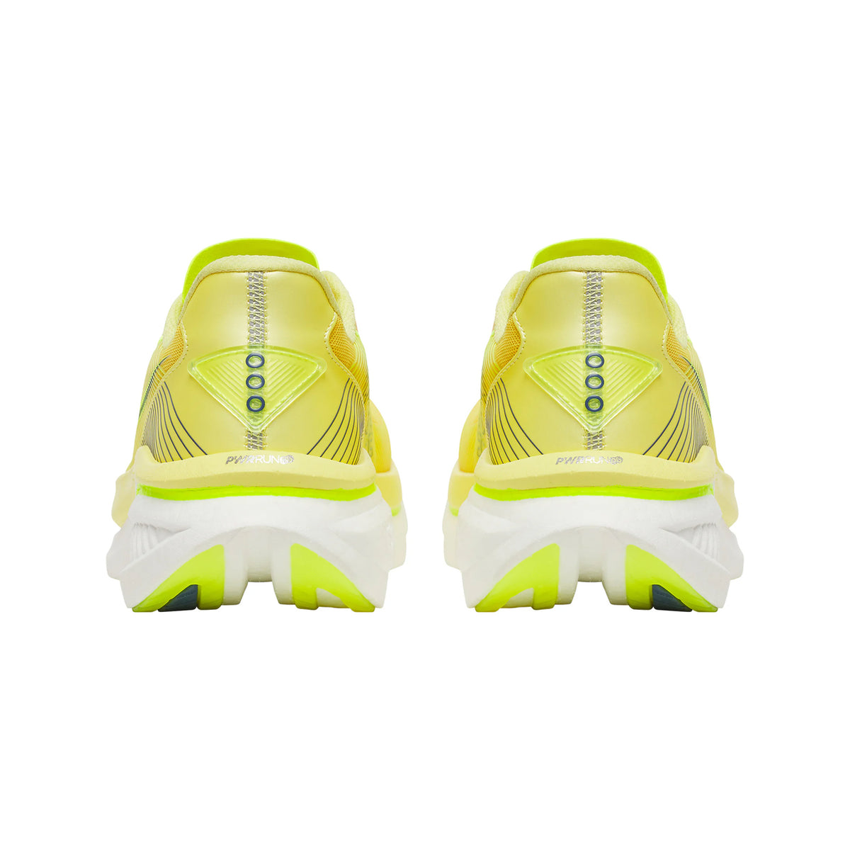 A pair of Saucony Women’s Endorphin Azura Running Shoes Sunrise, in yellow with white soles, viewed from the back and featuring black accents and neon green details on the heel and outsole. Designed as a plateless daily trainer, these shoes include responsive PWRRUN PB superfoam for added comfort and performance.