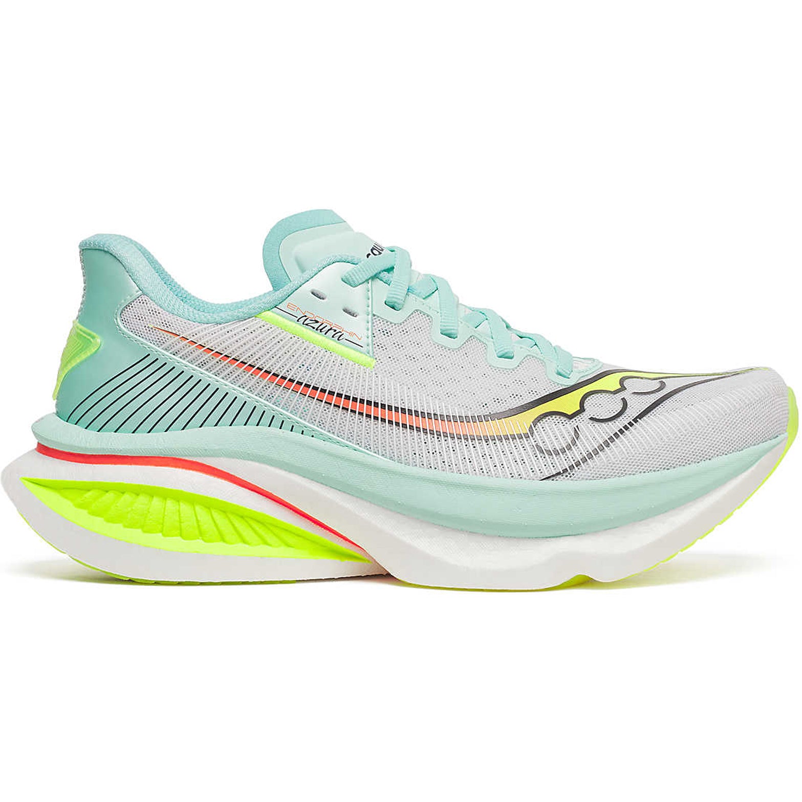 Women's Saucony Endorphin Azura Running Shoes White Splash outer side view showing PWRRUN PB midsole stack and SpeedRoll rocker geometry