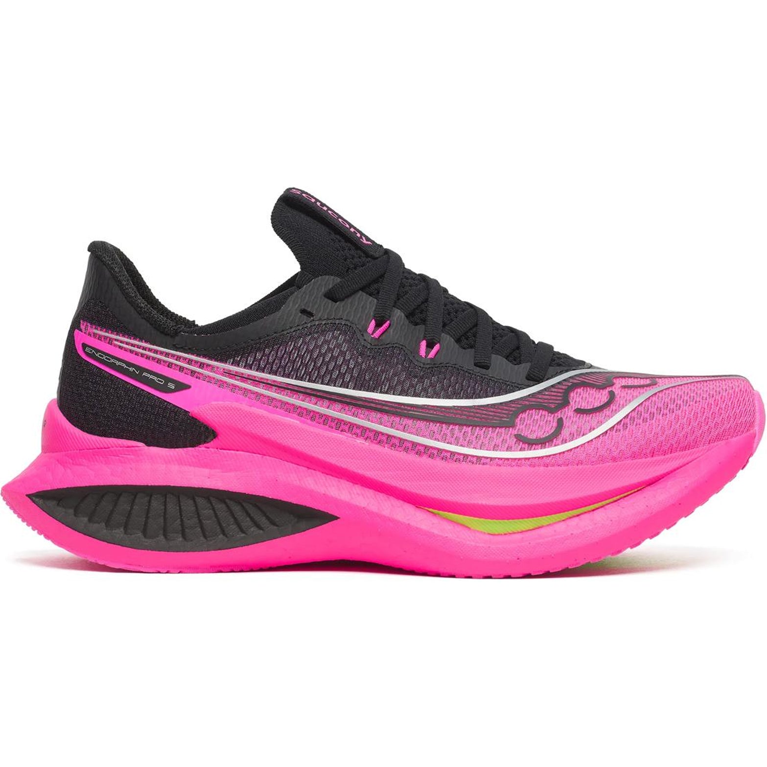 Women's Saucony Endorphin Pro 5 Running Shoes Black Pink outer side view showing dual-layer PWRRUN foam with Super Critical PWRRUN HG and new slotted carbon fibre plate